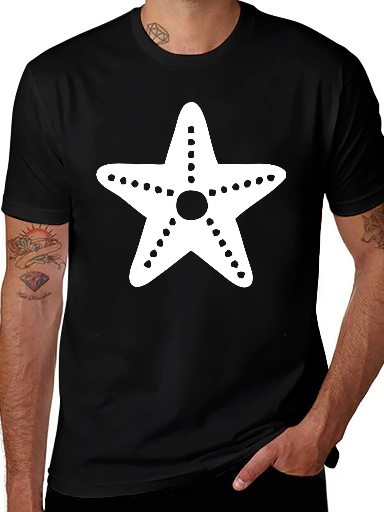 Starfish Graphic Tee - Black Cotton Casual T-Shirt
