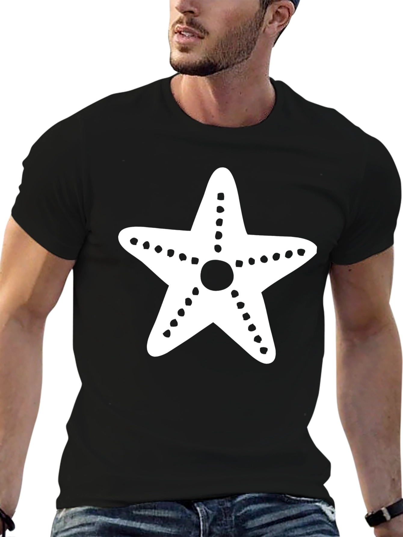 Starfish Graphic Tee - Black Cotton Casual T-Shirt