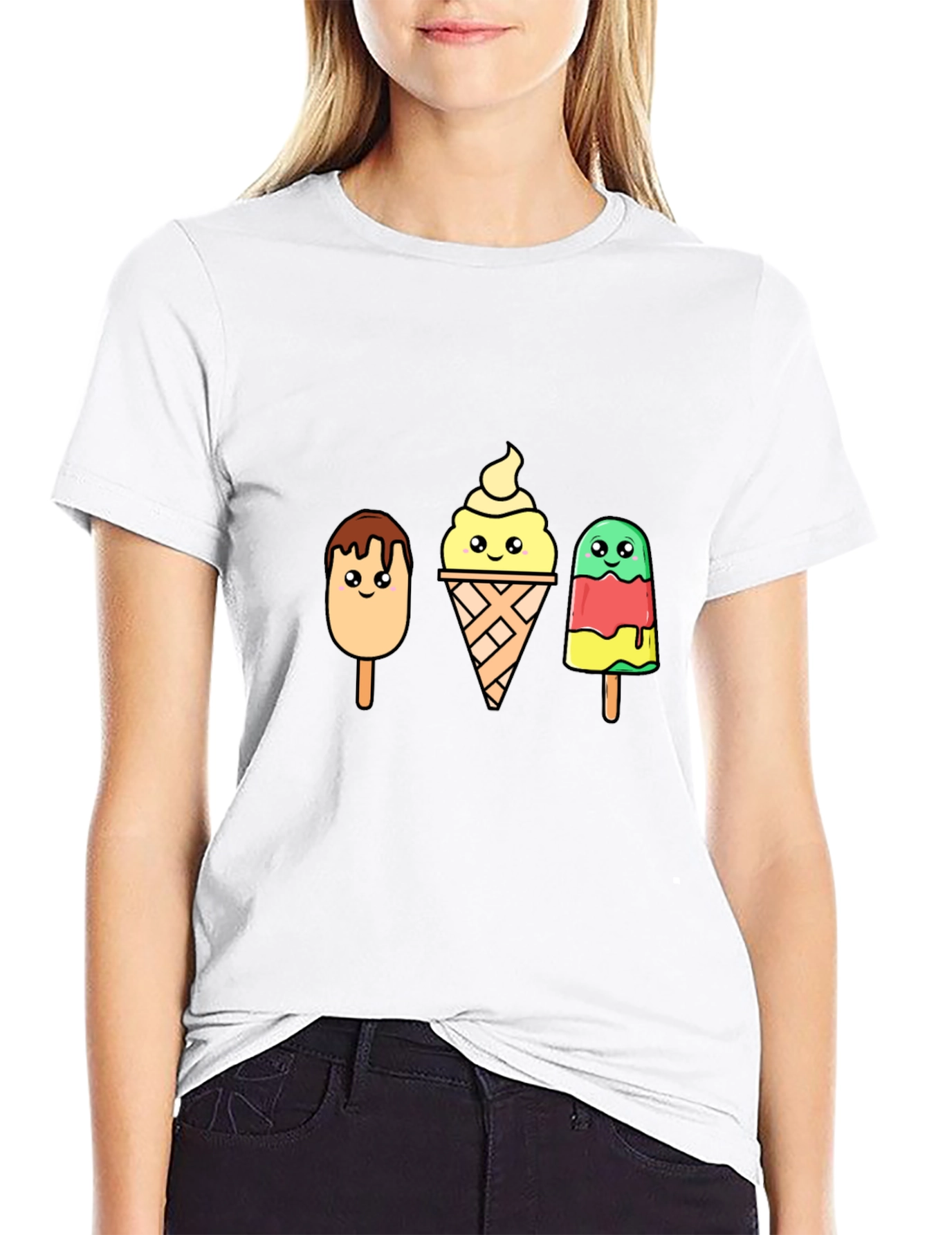 Cartoon Ice Cream T-Shirt - Black Cotton Tee