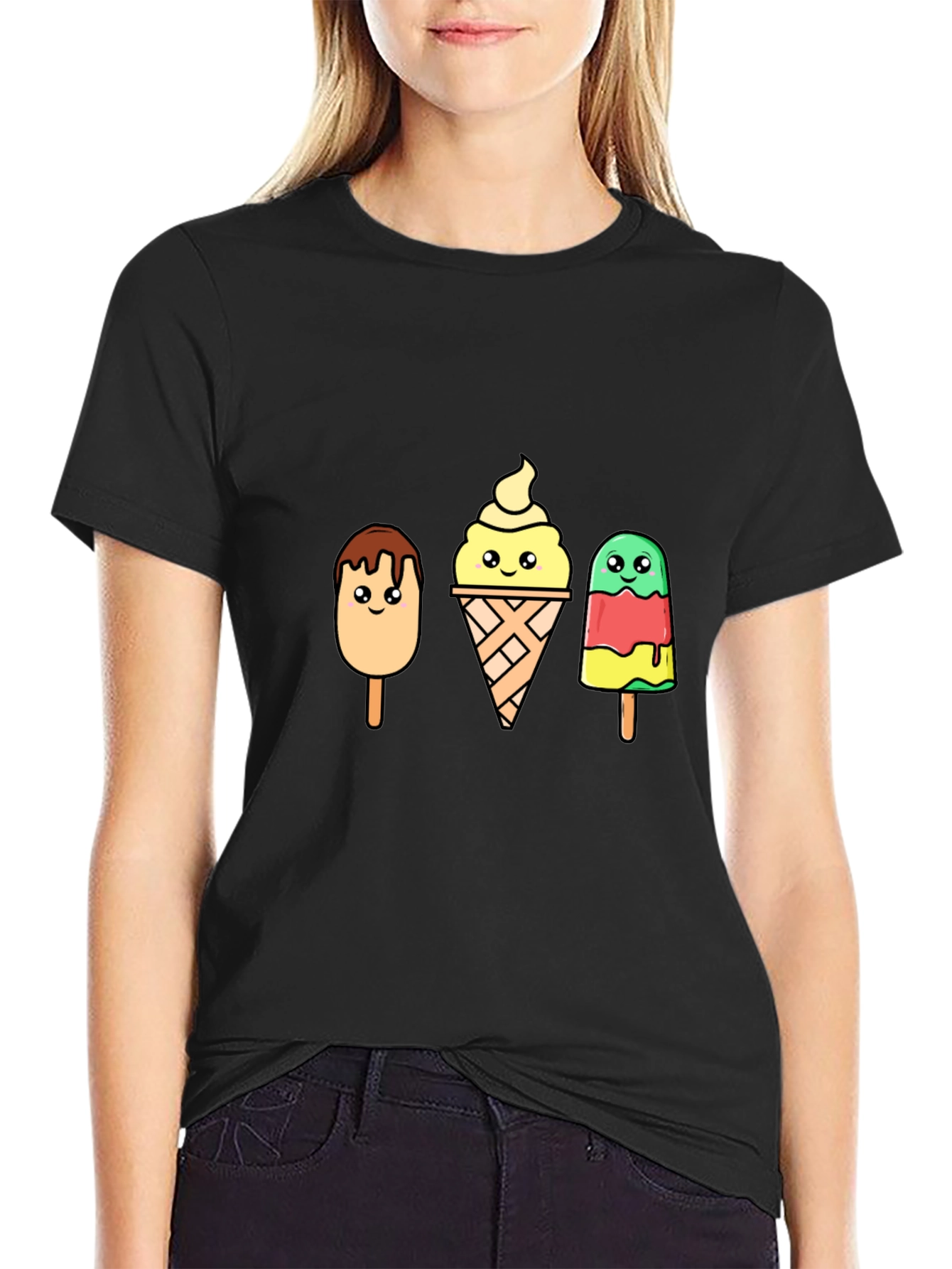 Cartoon Ice Cream T-Shirt - Black Cotton Tee