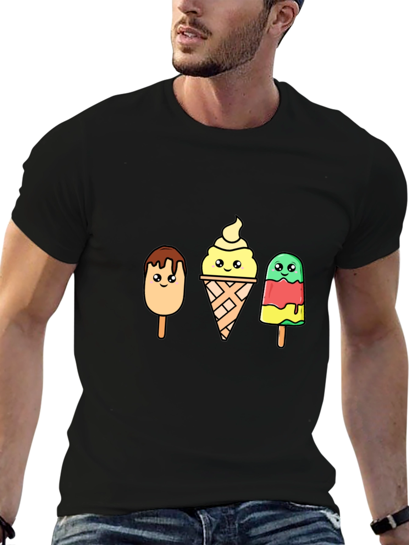 Cartoon Ice Cream T-Shirt - Black Cotton Tee
