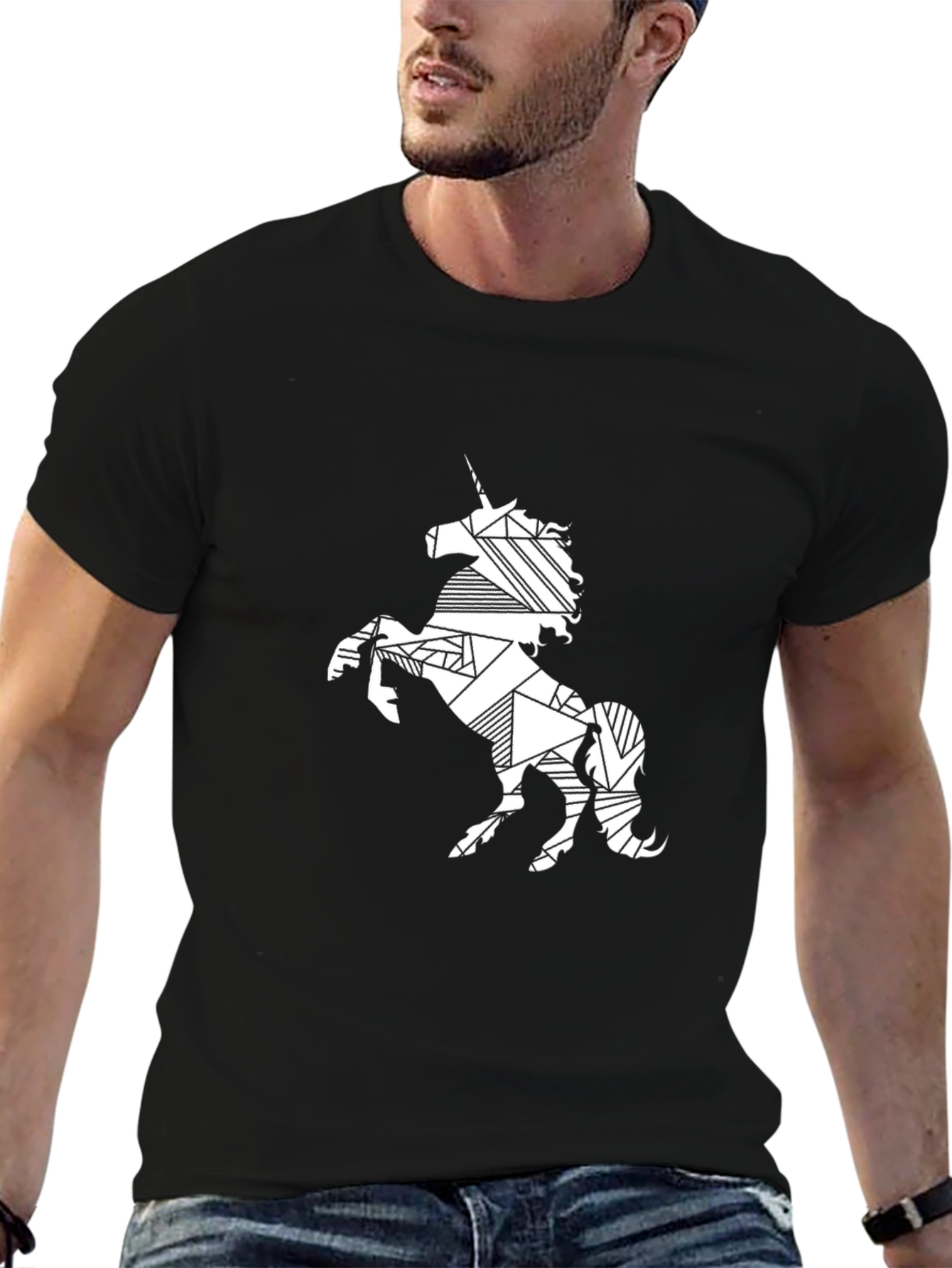 Geometric Unicorn Print Black T-Shirt