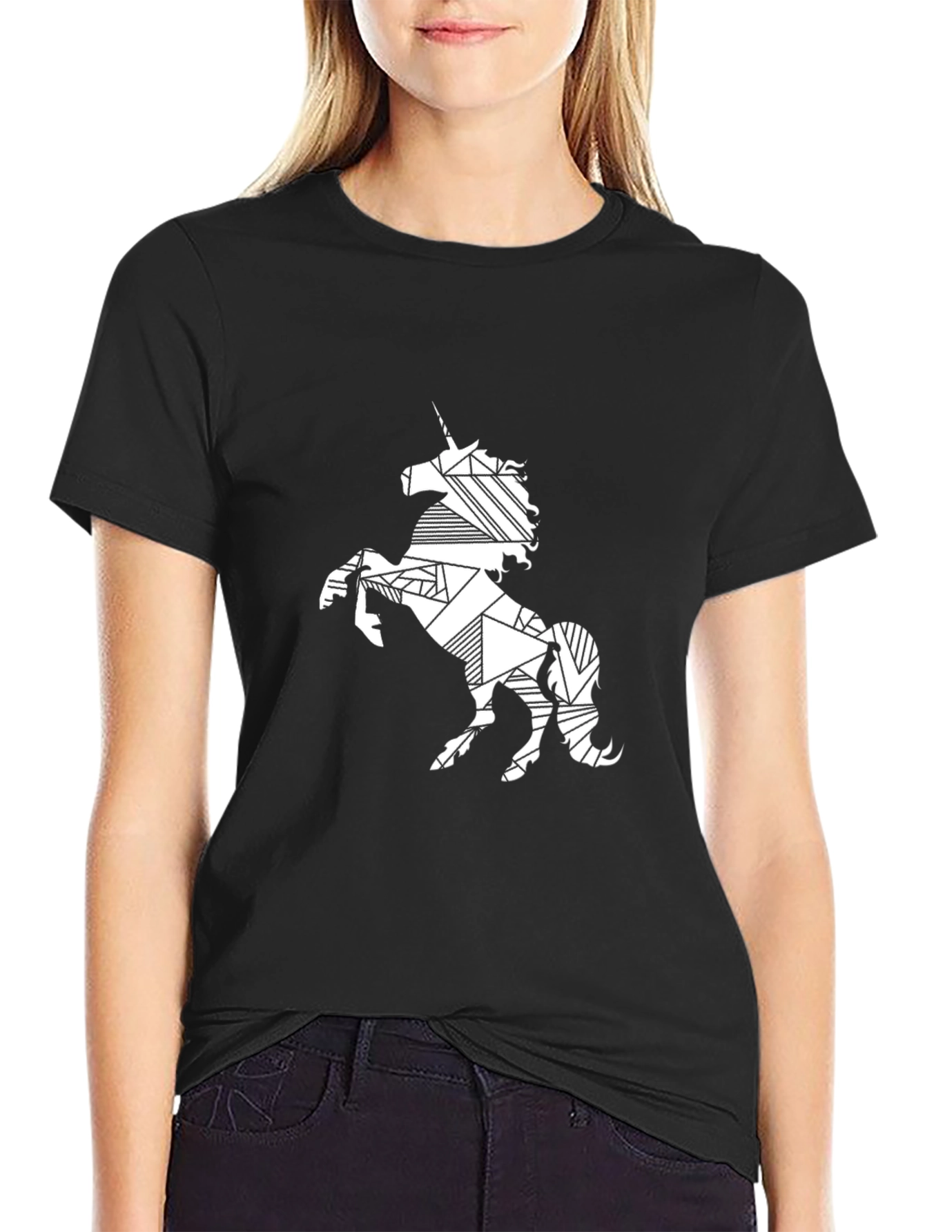 Geometric Unicorn Print Black T-Shirt