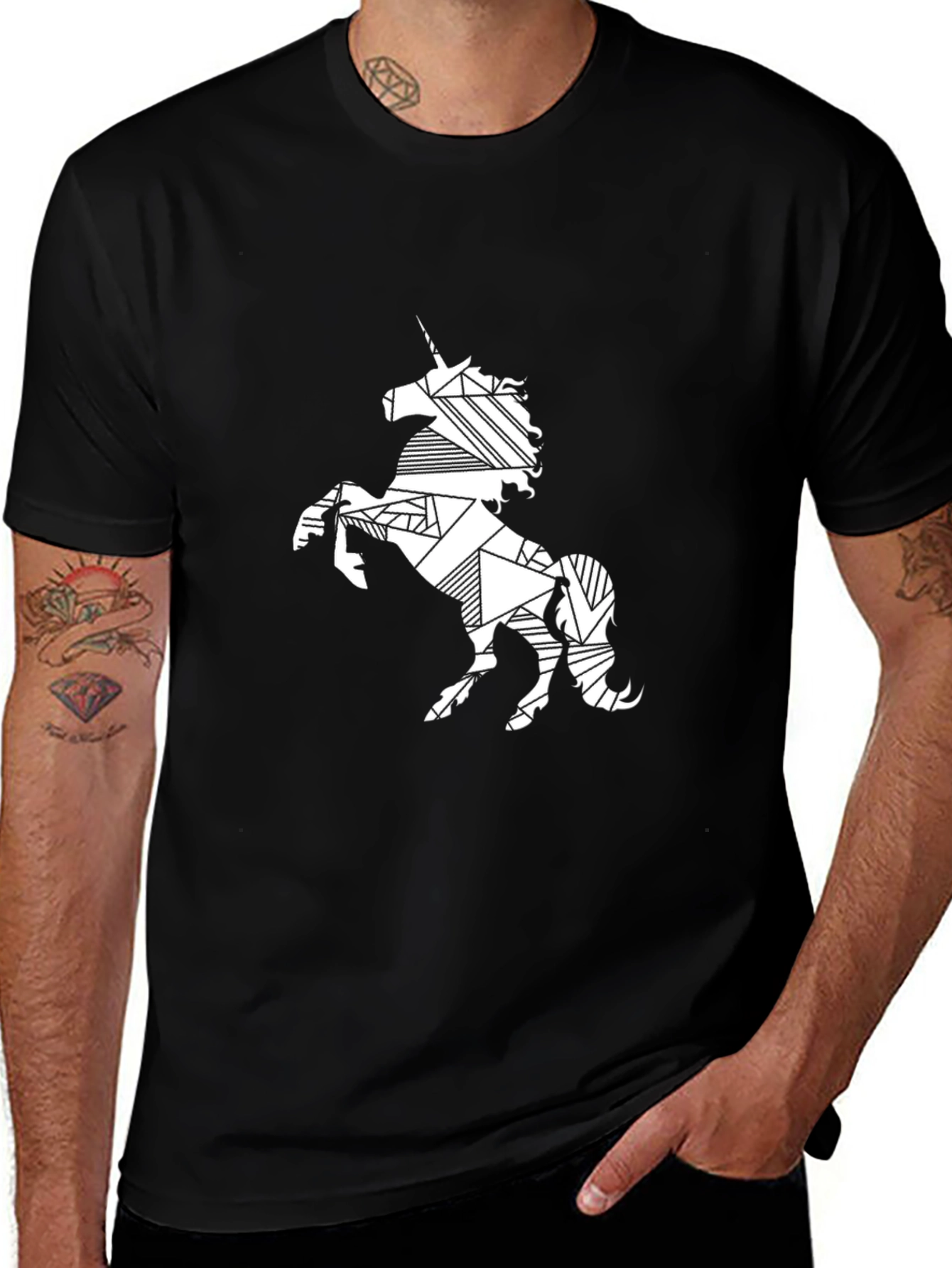 Geometric Unicorn Print Black T-Shirt