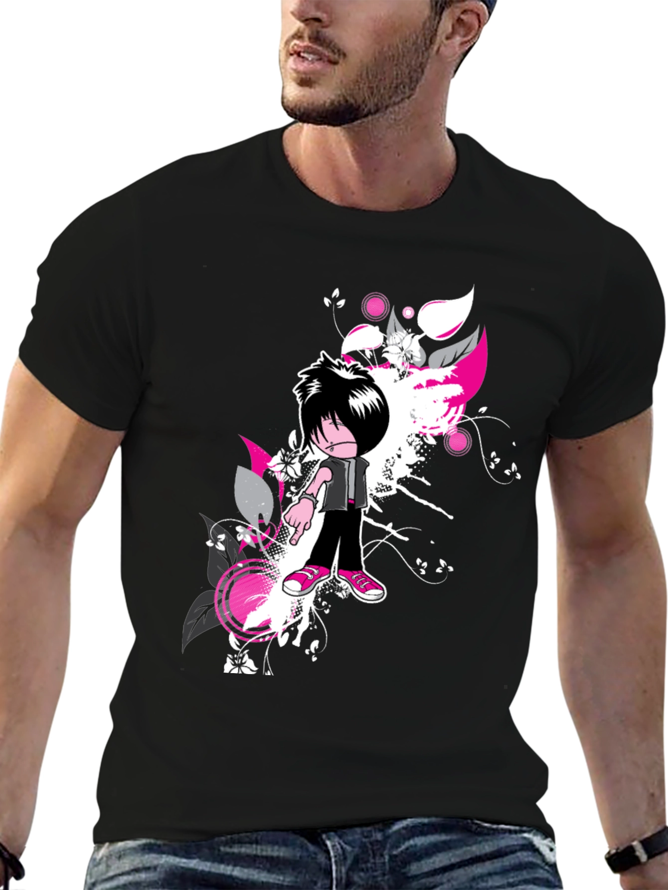 Emo Cartoon Graphic Black T-Shirt