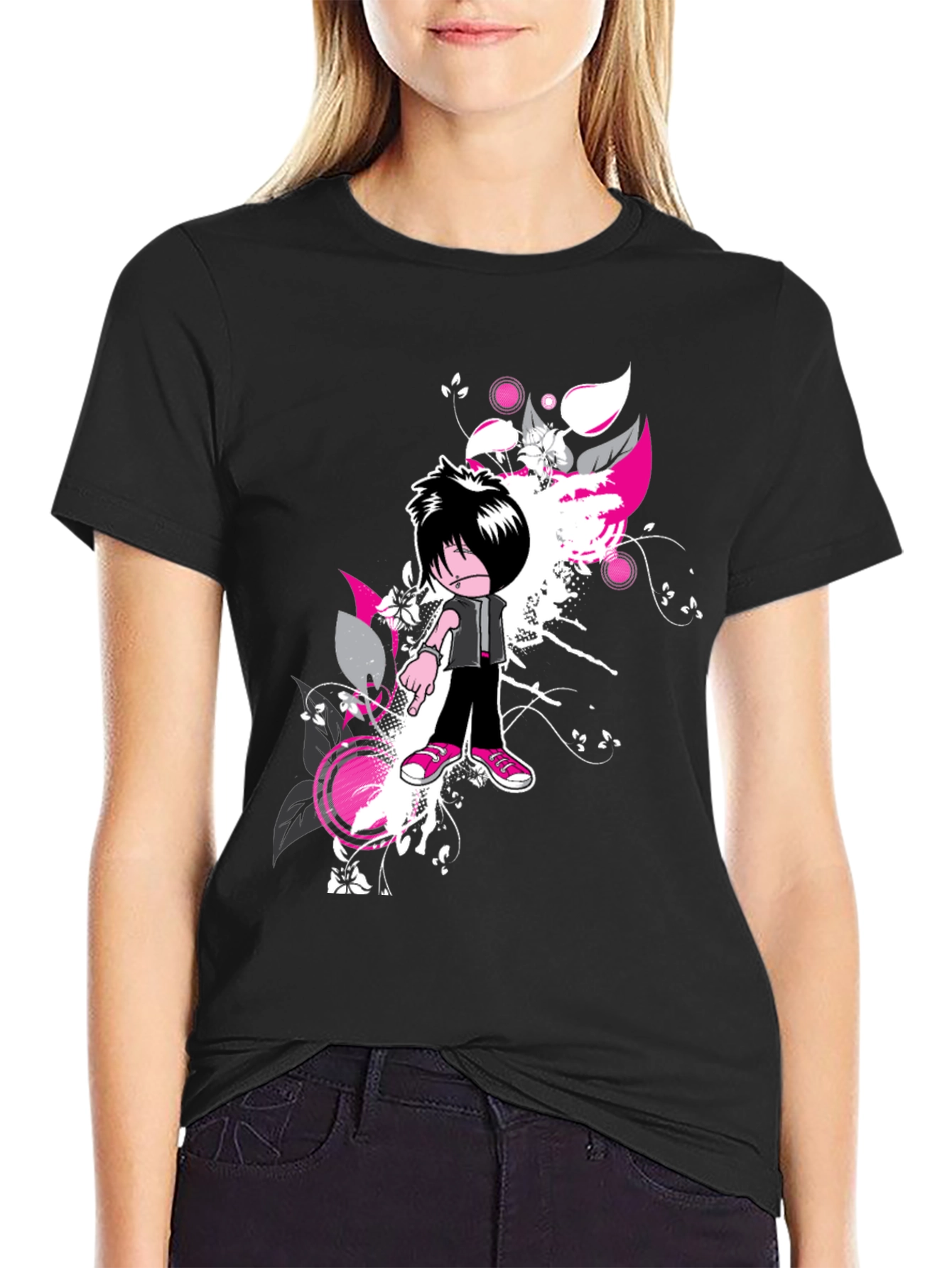 Emo Cartoon Graphic Black T-Shirt