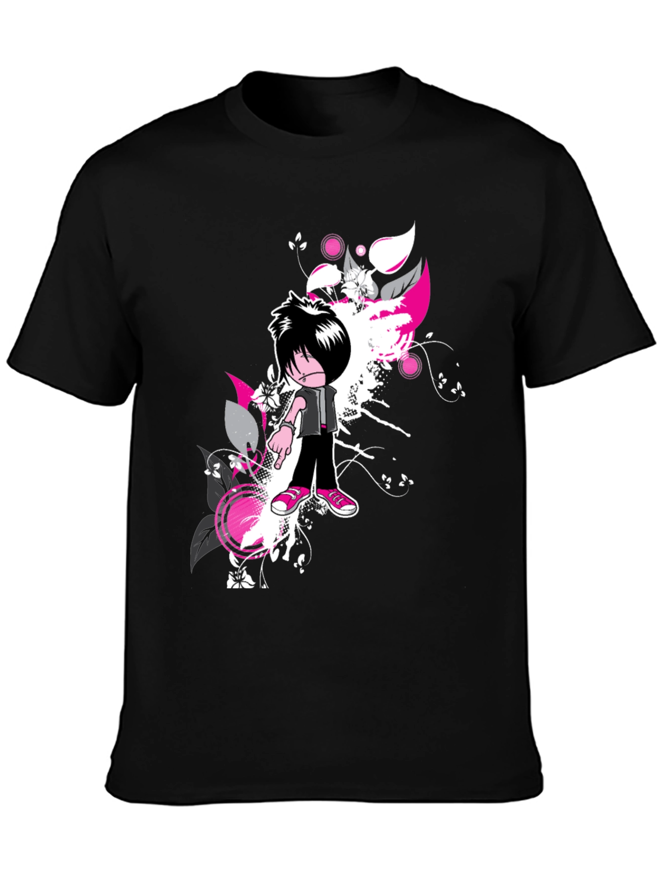 Emo Cartoon Graphic Black T-Shirt