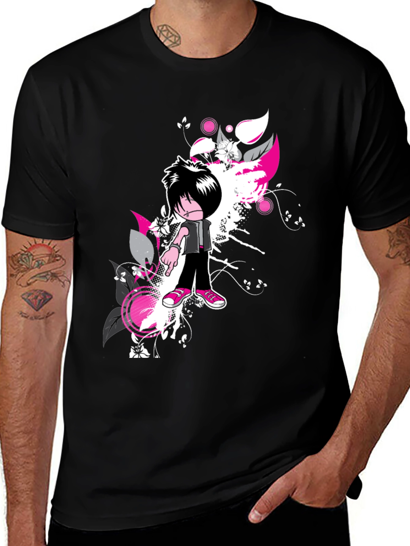 Emo Cartoon Graphic Black T-Shirt