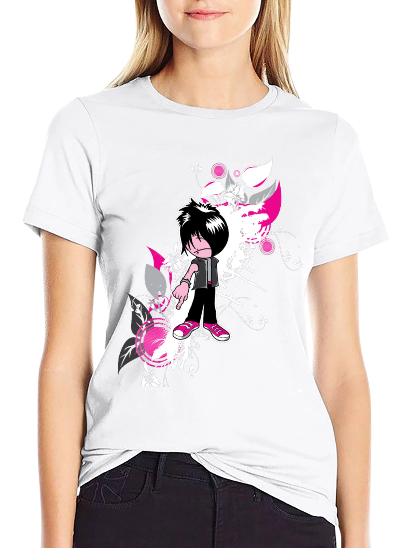 Emo Cartoon Graphic Black T-Shirt