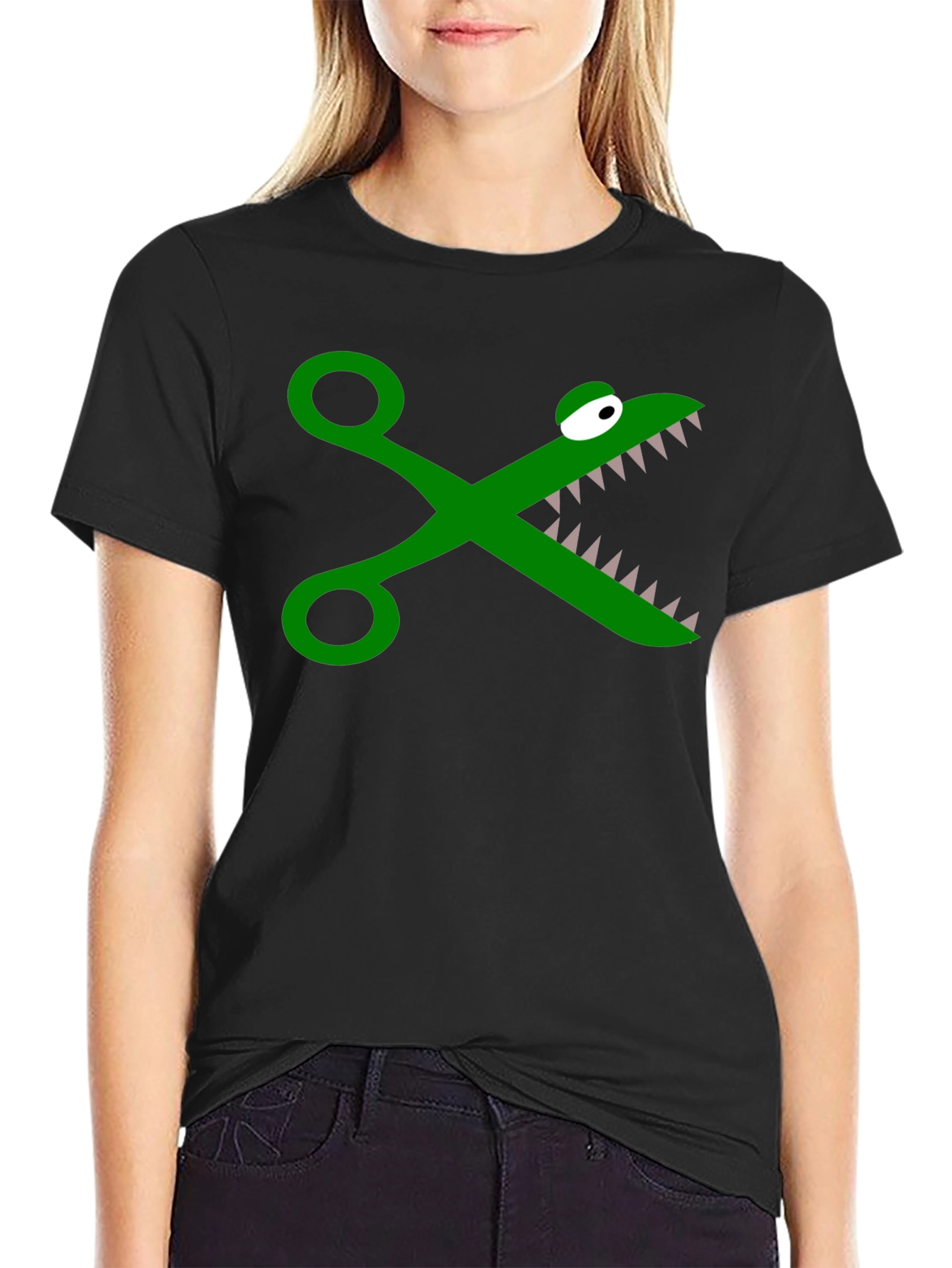 Funny Crocodile Scissors Graphic Tee - Black Cotton