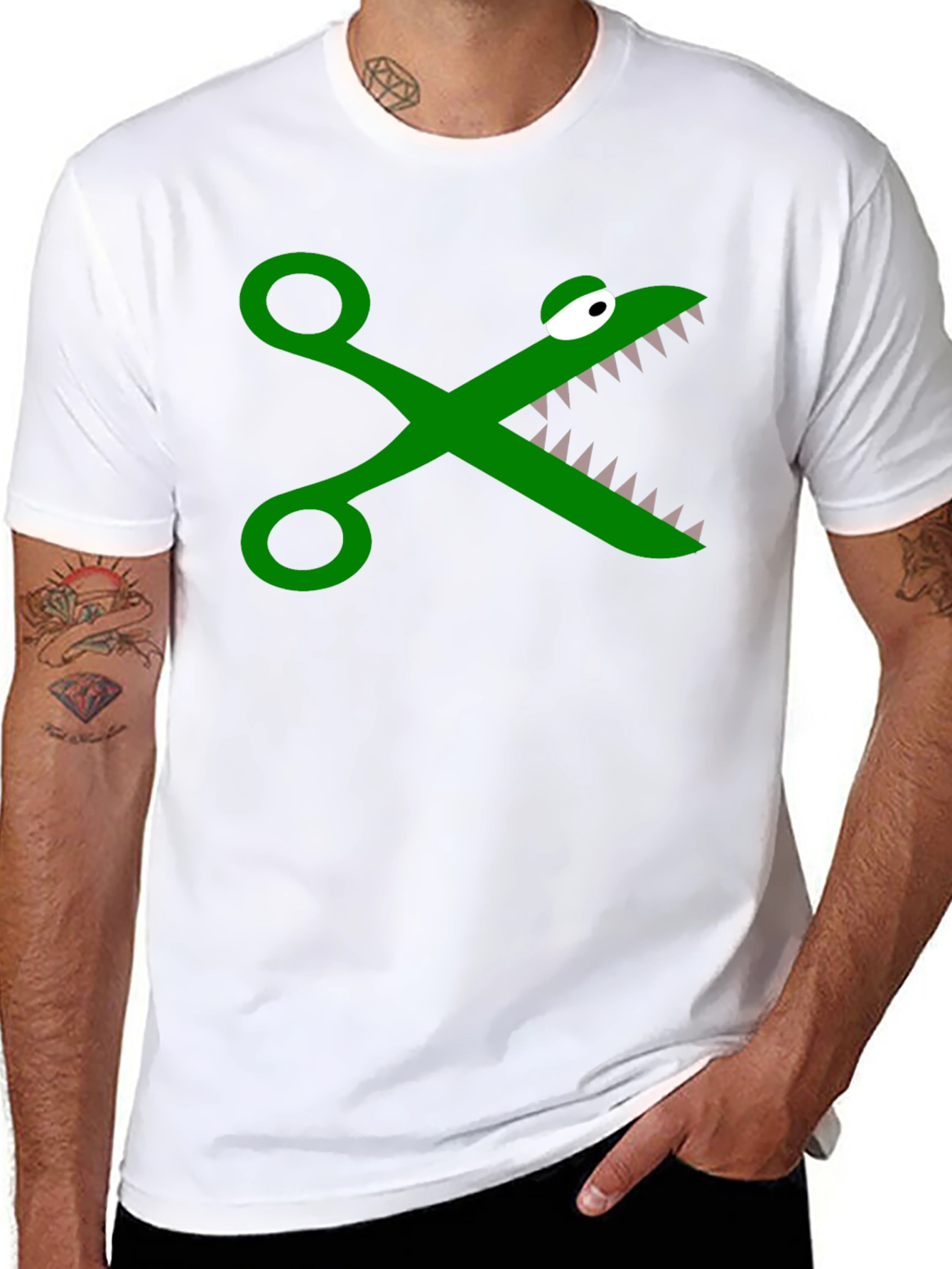 Funny Crocodile Scissors Graphic Tee - Black Cotton