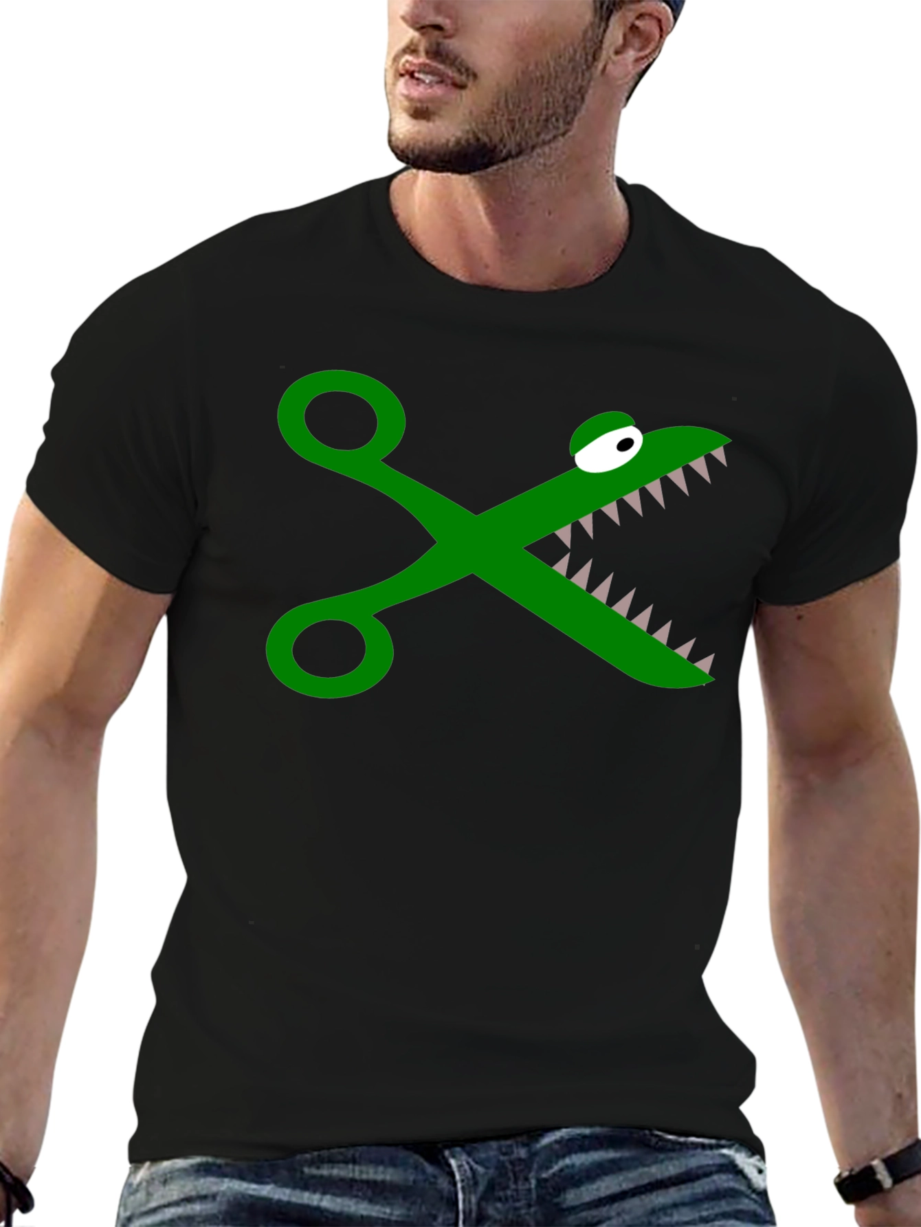 Funny Crocodile Scissors Graphic Tee - Black Cotton
