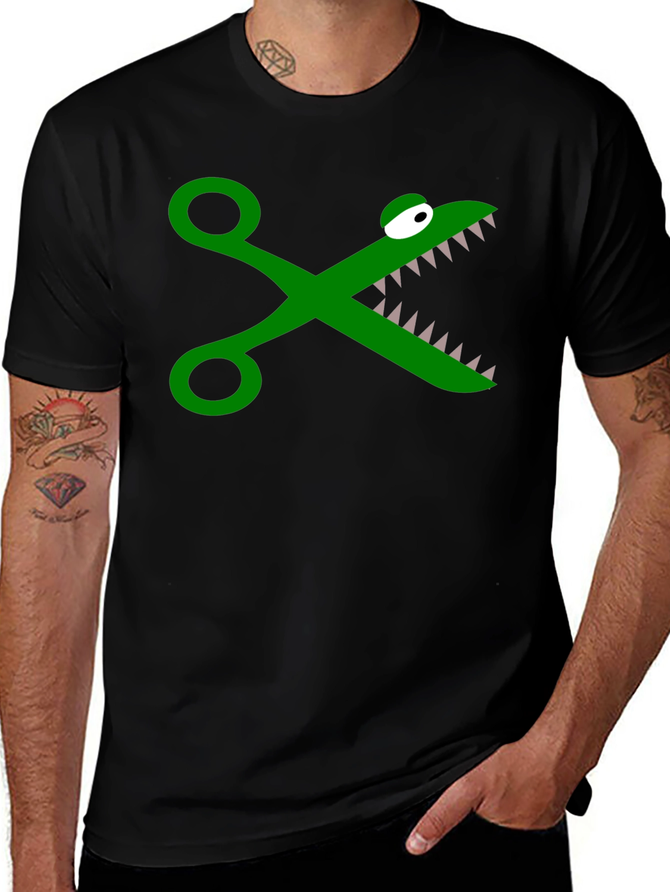Funny Crocodile Scissors Graphic Tee - Black Cotton