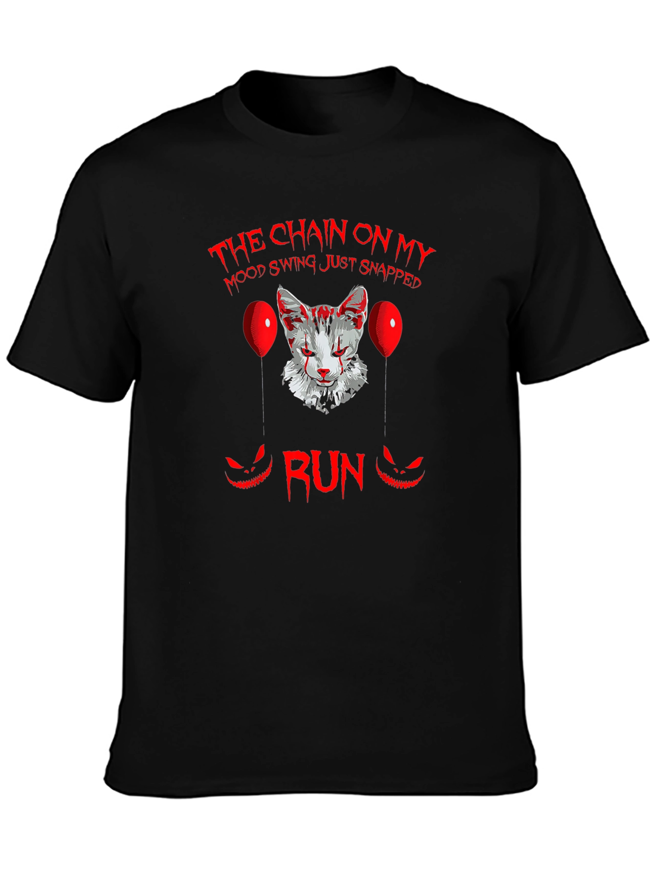 Scary Cat Clown Graphic Black T-Shirt - Run!