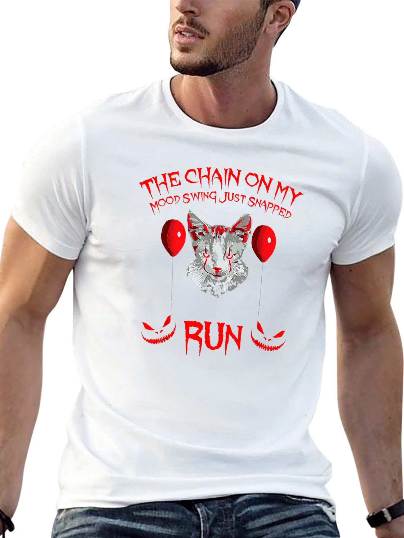 Scary Cat Clown Graphic Black T-Shirt - Run!