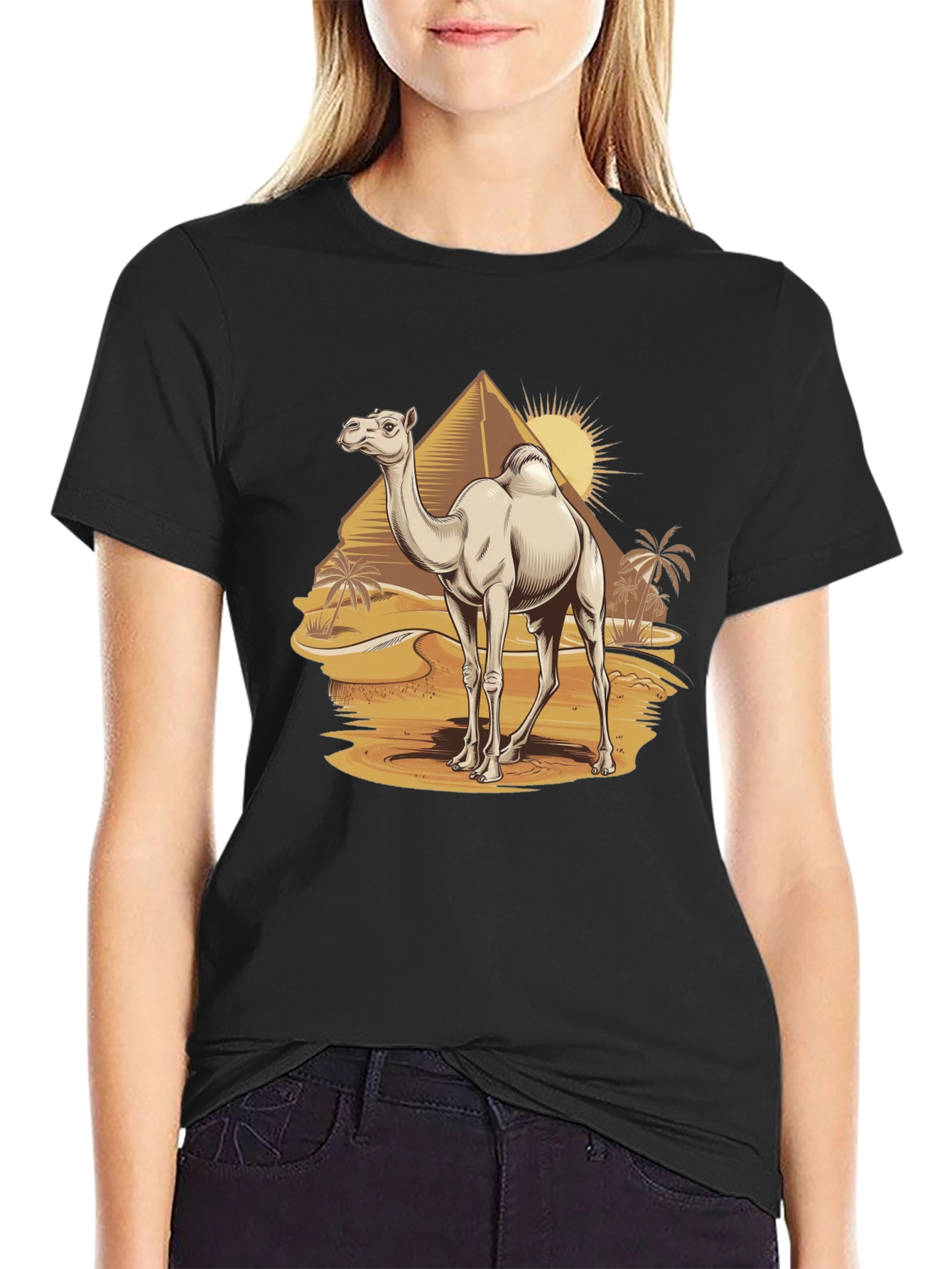 Camel Desert Scene Black T-Shirt