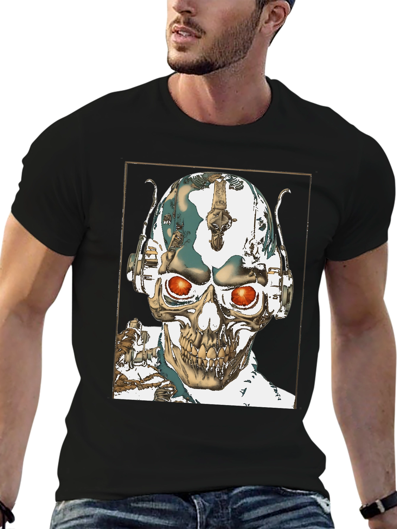 Skull Robot Head Black T-Shirt