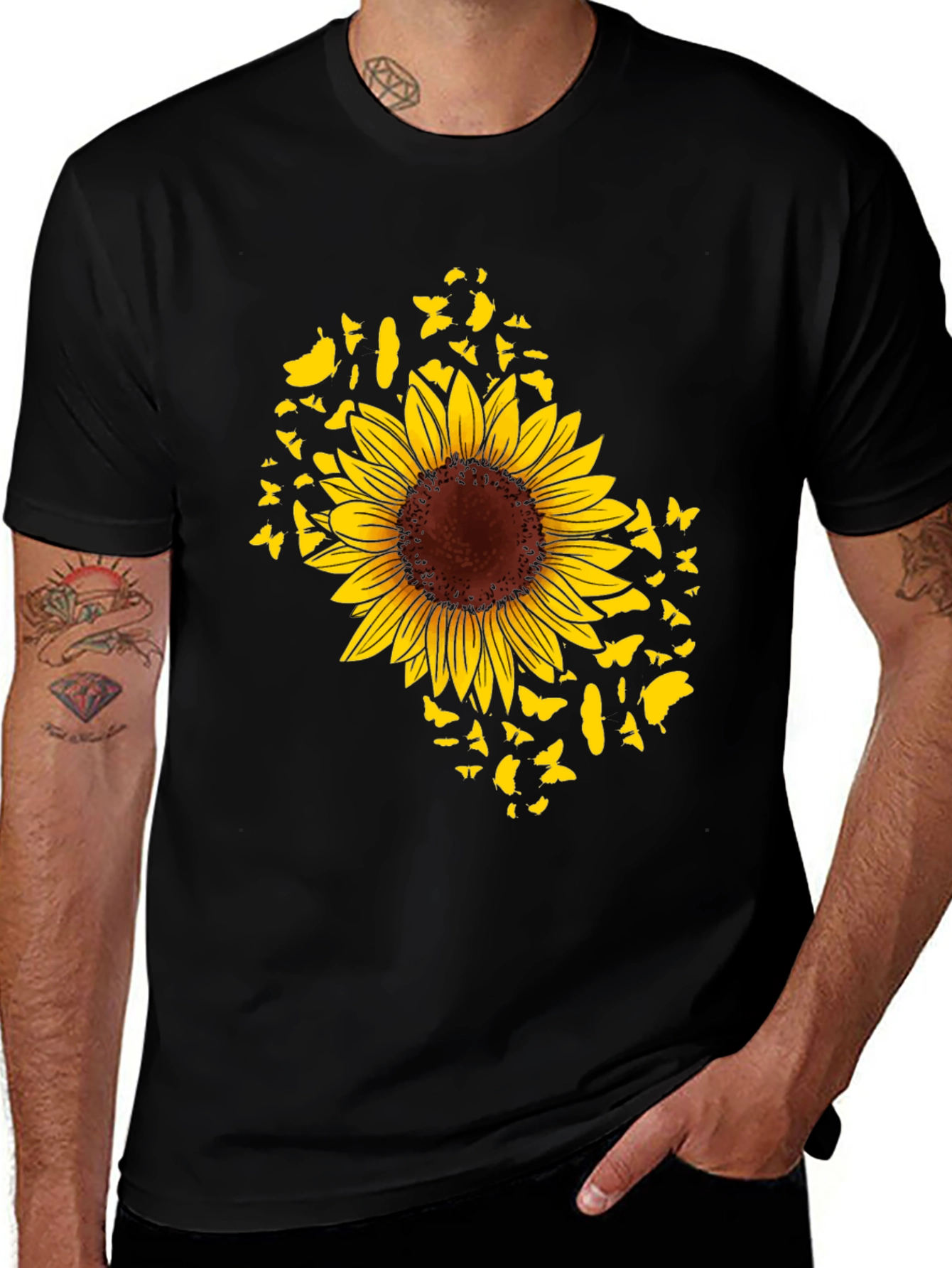 Sunflower Butterfly Graphic Black T-Shirt