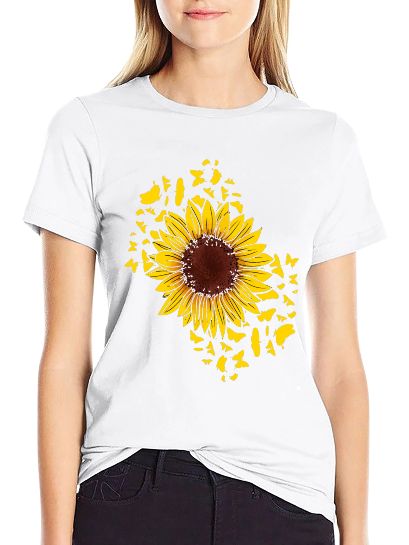 Sunflower Butterfly Graphic Black T-Shirt