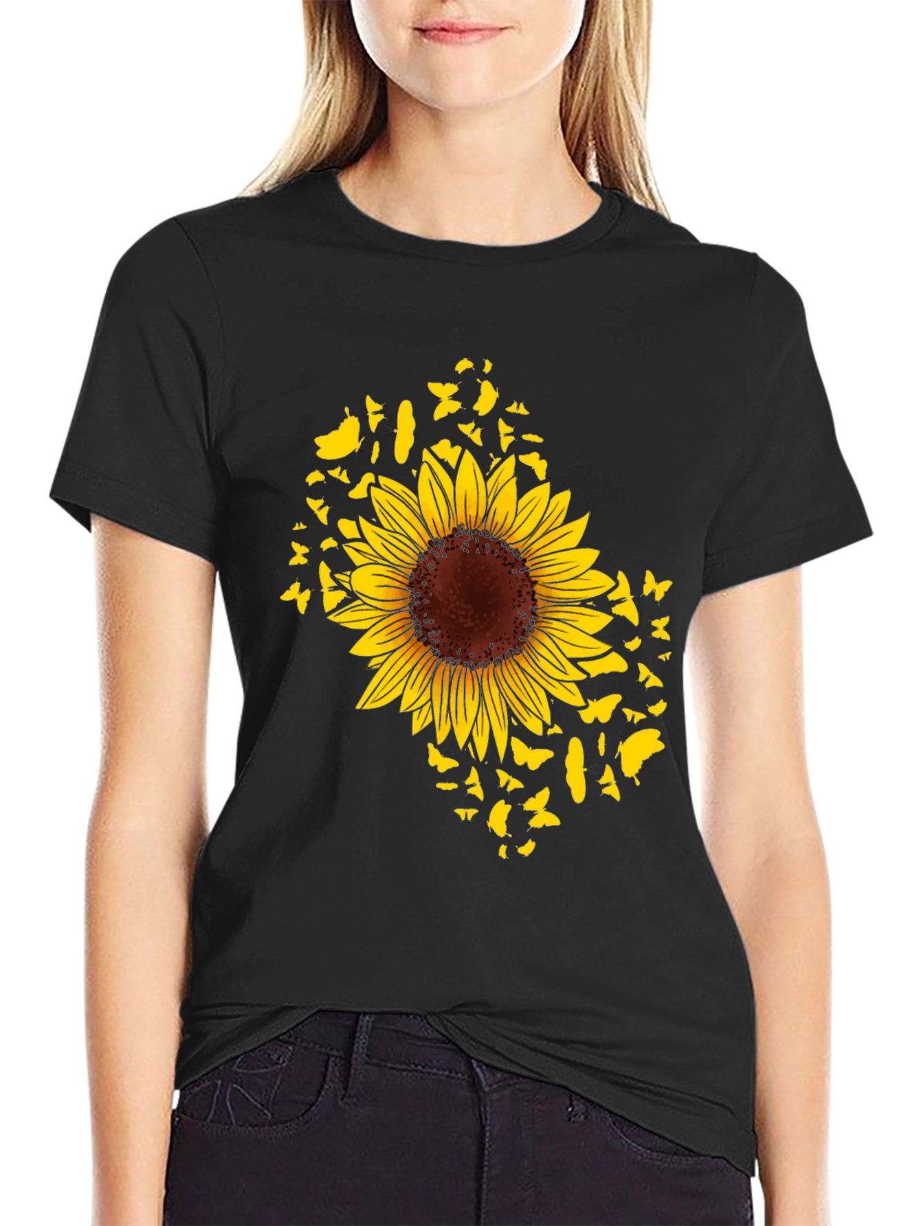 Sunflower Butterfly Graphic Black T-Shirt