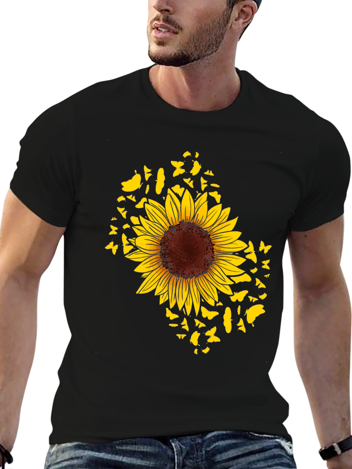 Sunflower Butterfly Graphic Black T-Shirt