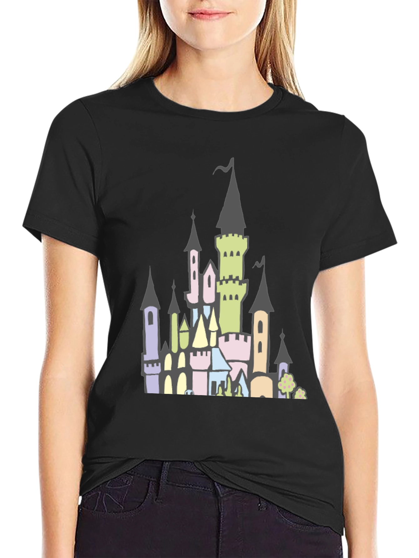 Fantasy Castle Graphic Tee - Black Cotton Shirt