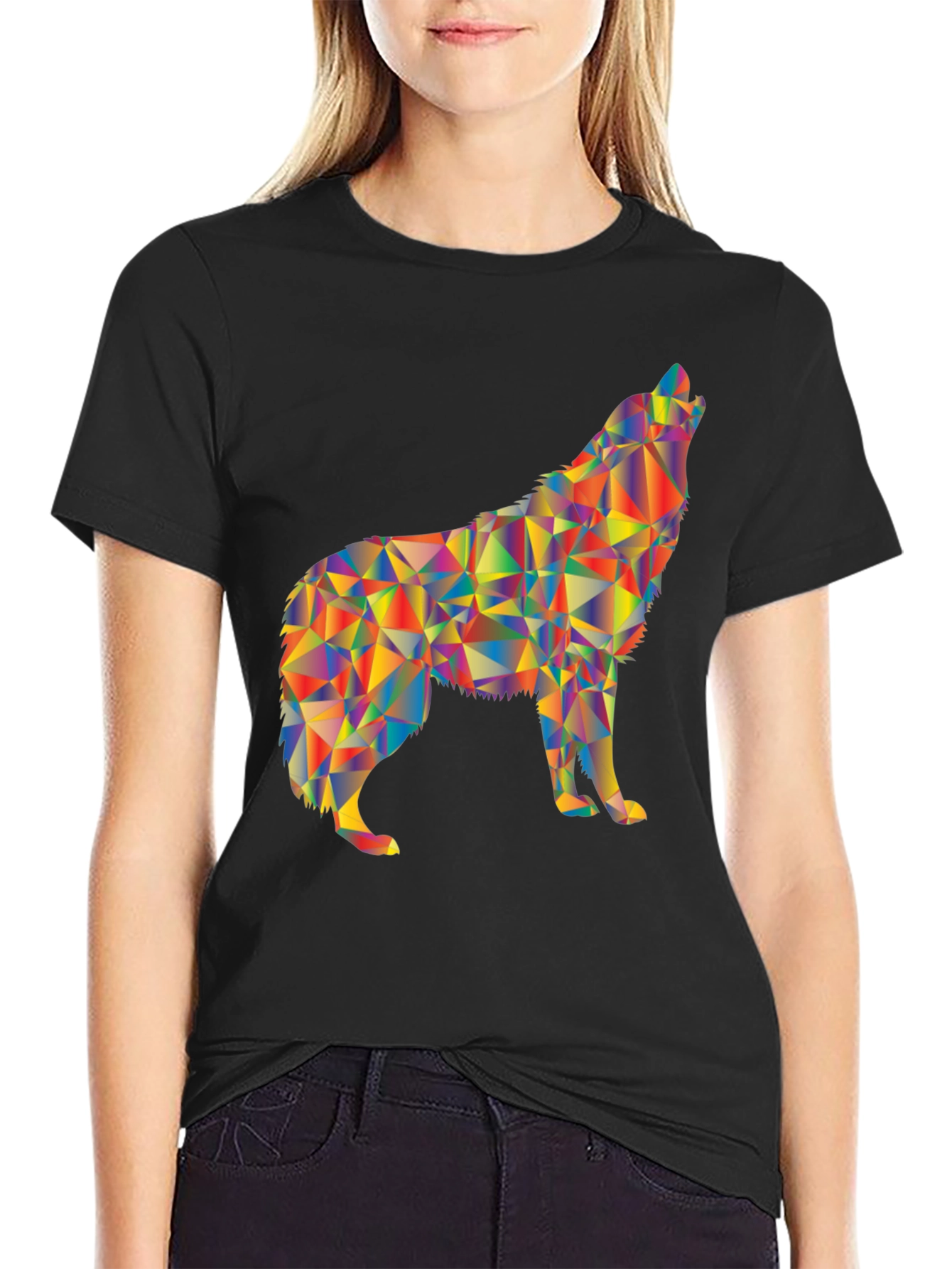 Geometric Wolf Graphic Black T-Shirt