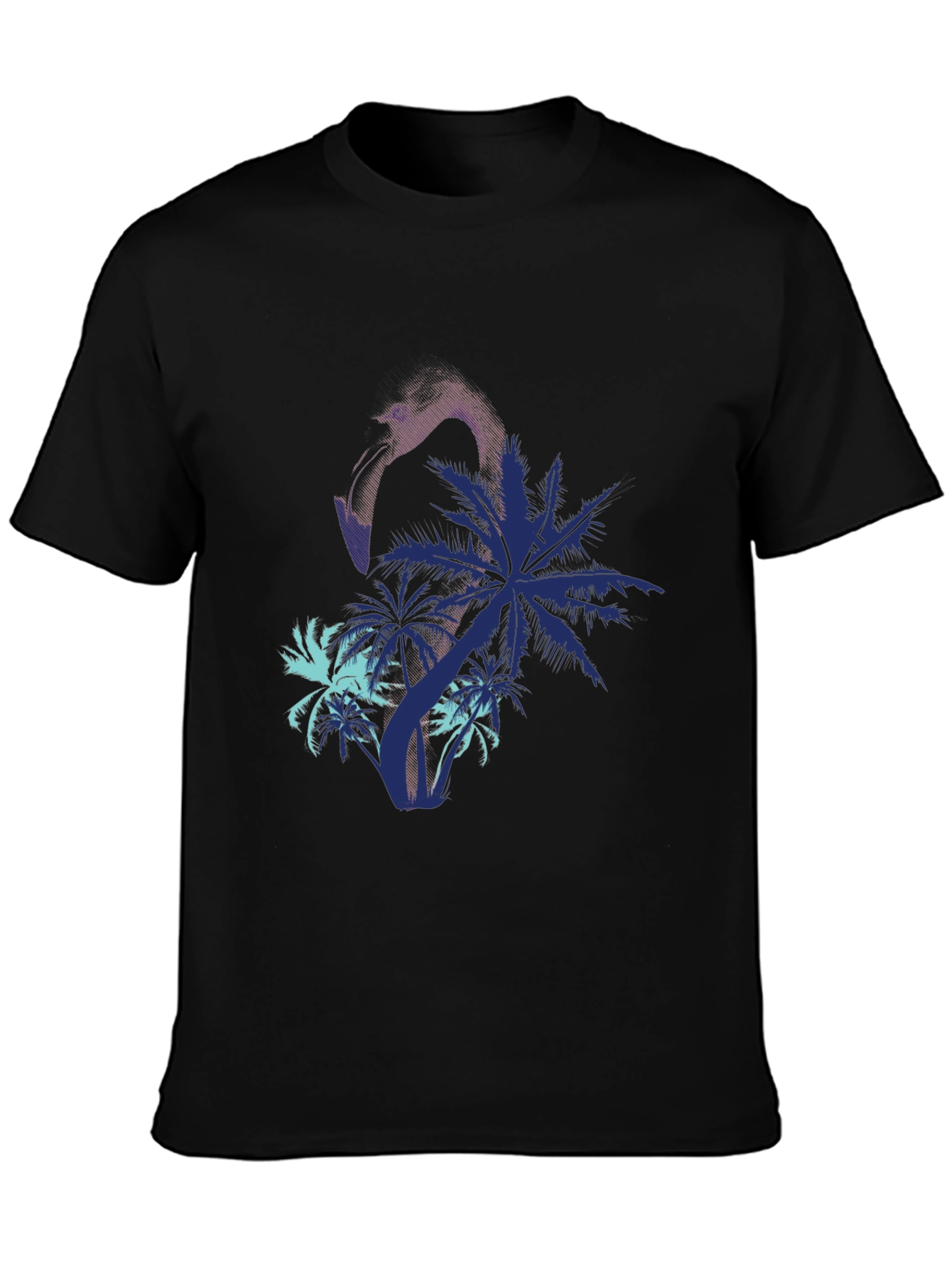 Mens Flamingo & Palm Tree Print Black T-Shirt