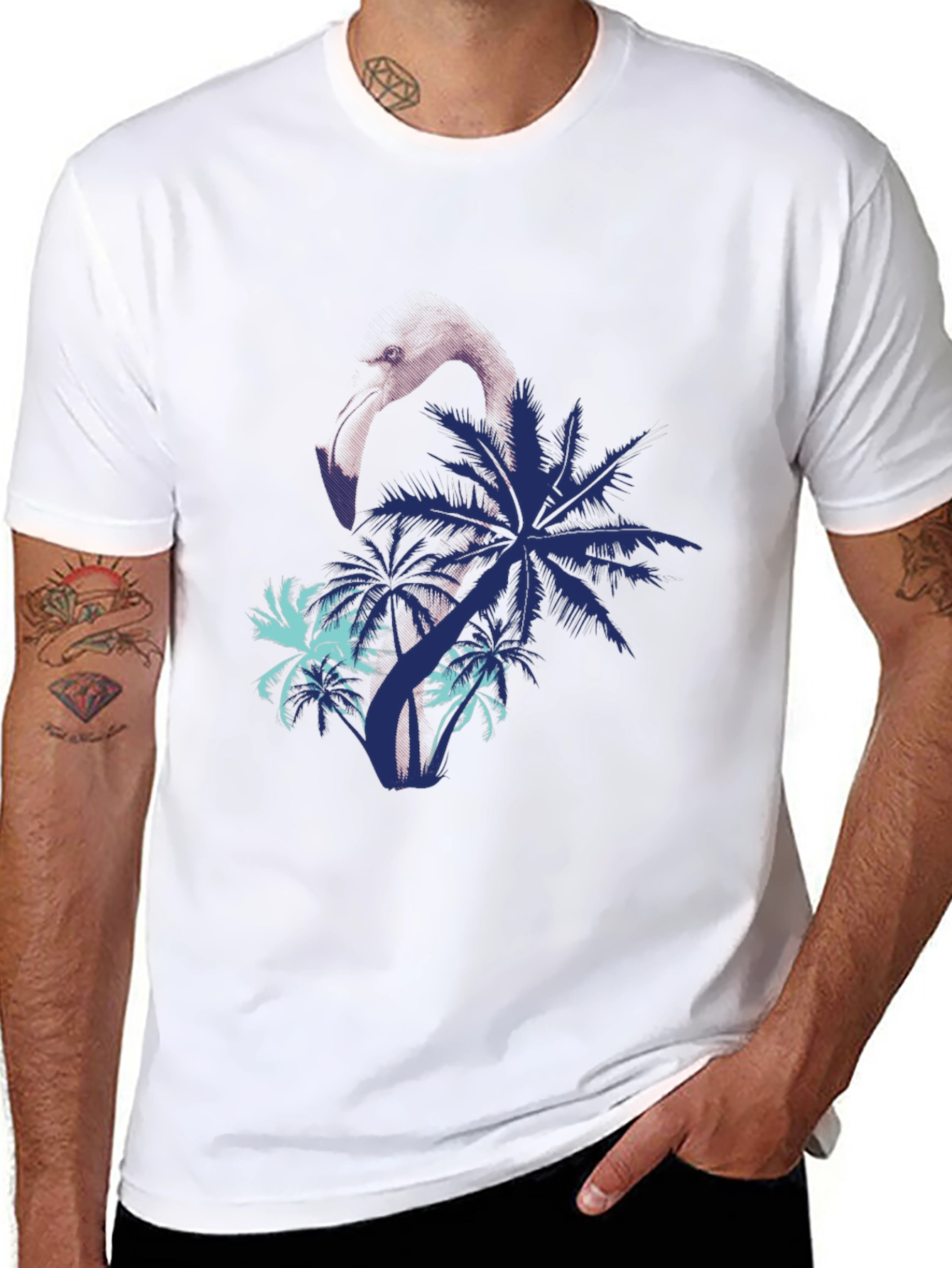Mens Flamingo & Palm Tree Print Black T-Shirt