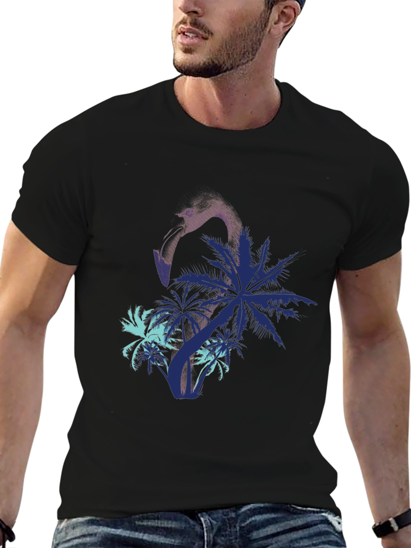 Mens Flamingo & Palm Tree Print Black T-Shirt