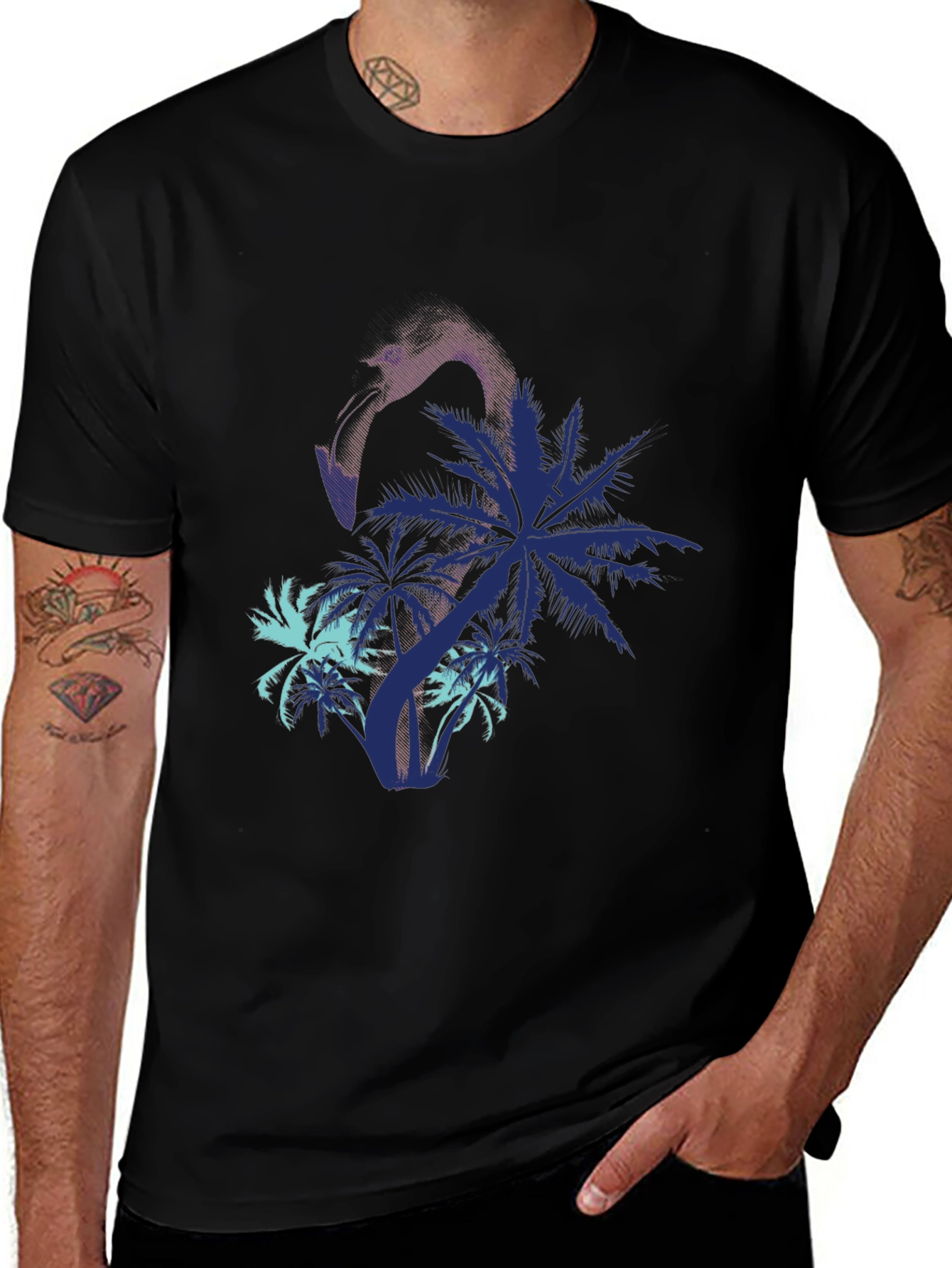Mens Flamingo & Palm Tree Print Black T-Shirt