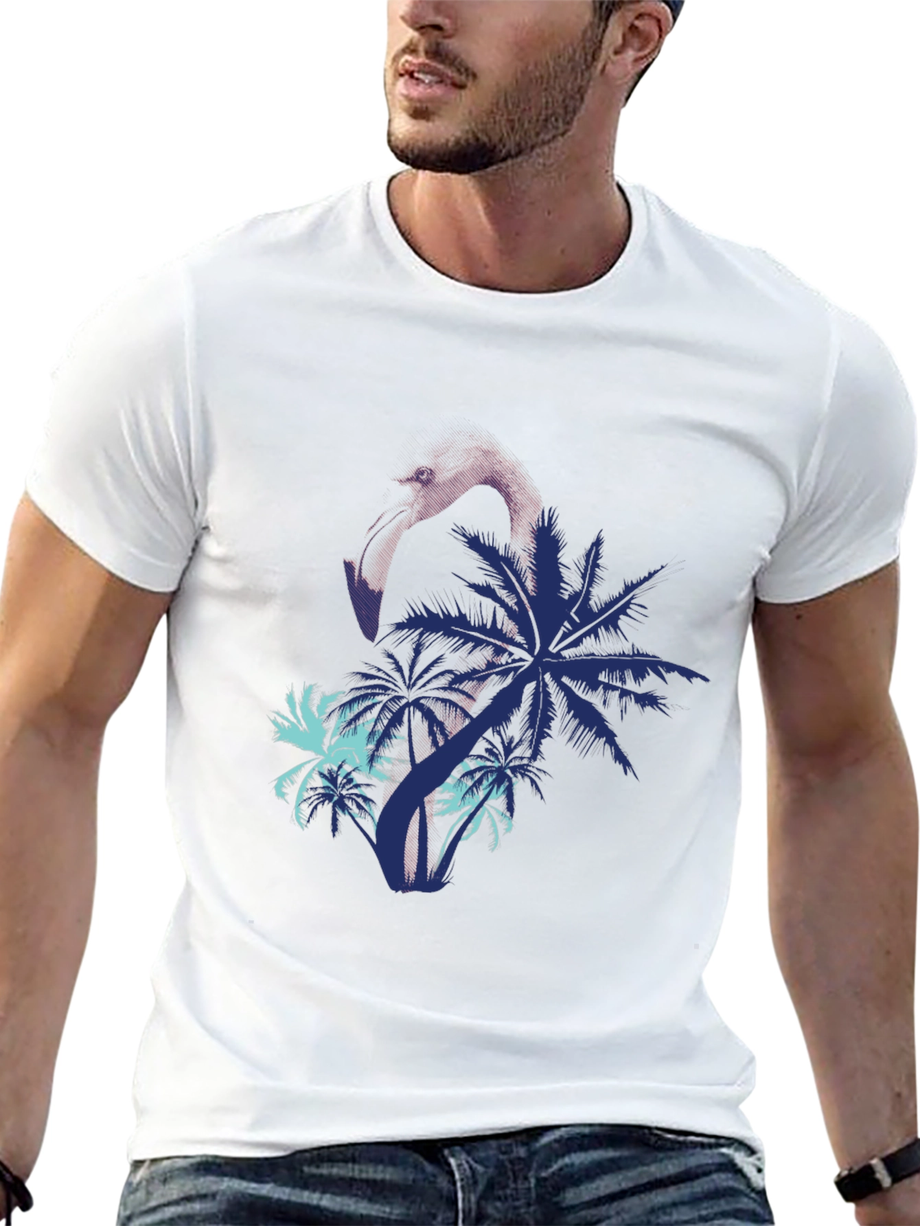 Mens Flamingo & Palm Tree Print Black T-Shirt