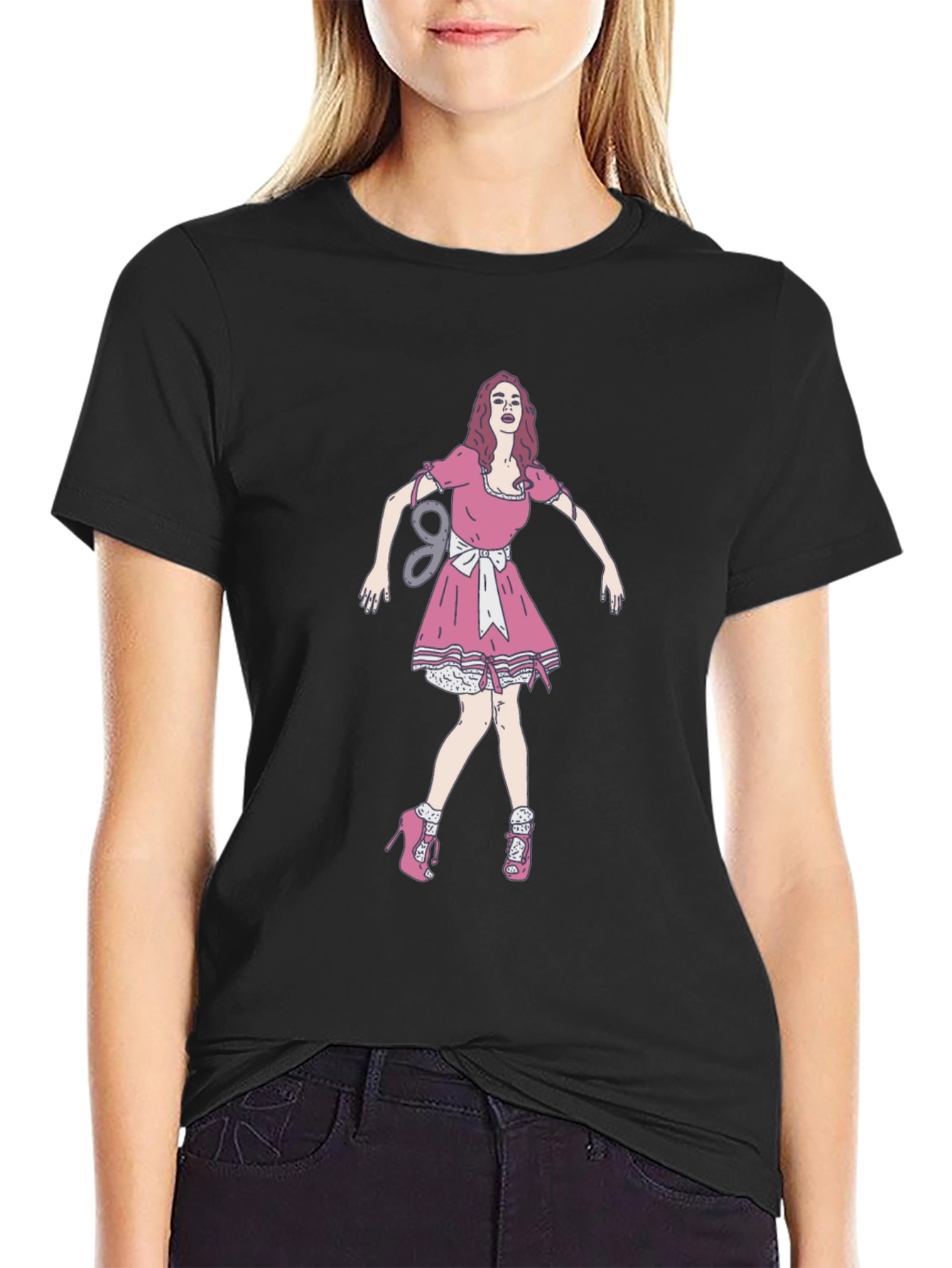 Black Tee with Doll Print