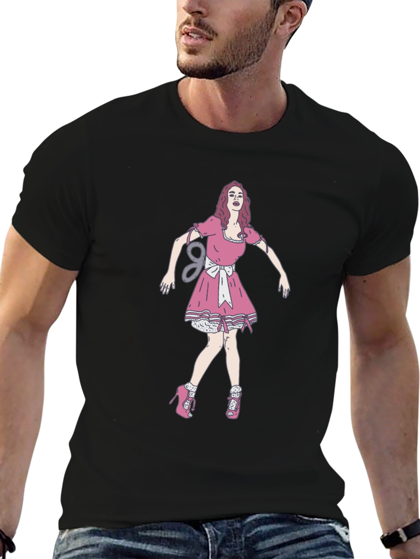 Black Tee with Doll Print