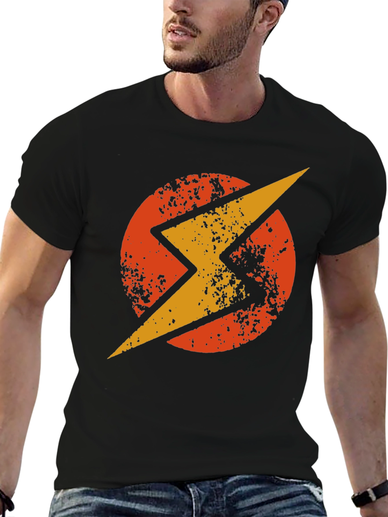 Retro Lightning Bolt Graphic T-Shirt - Black