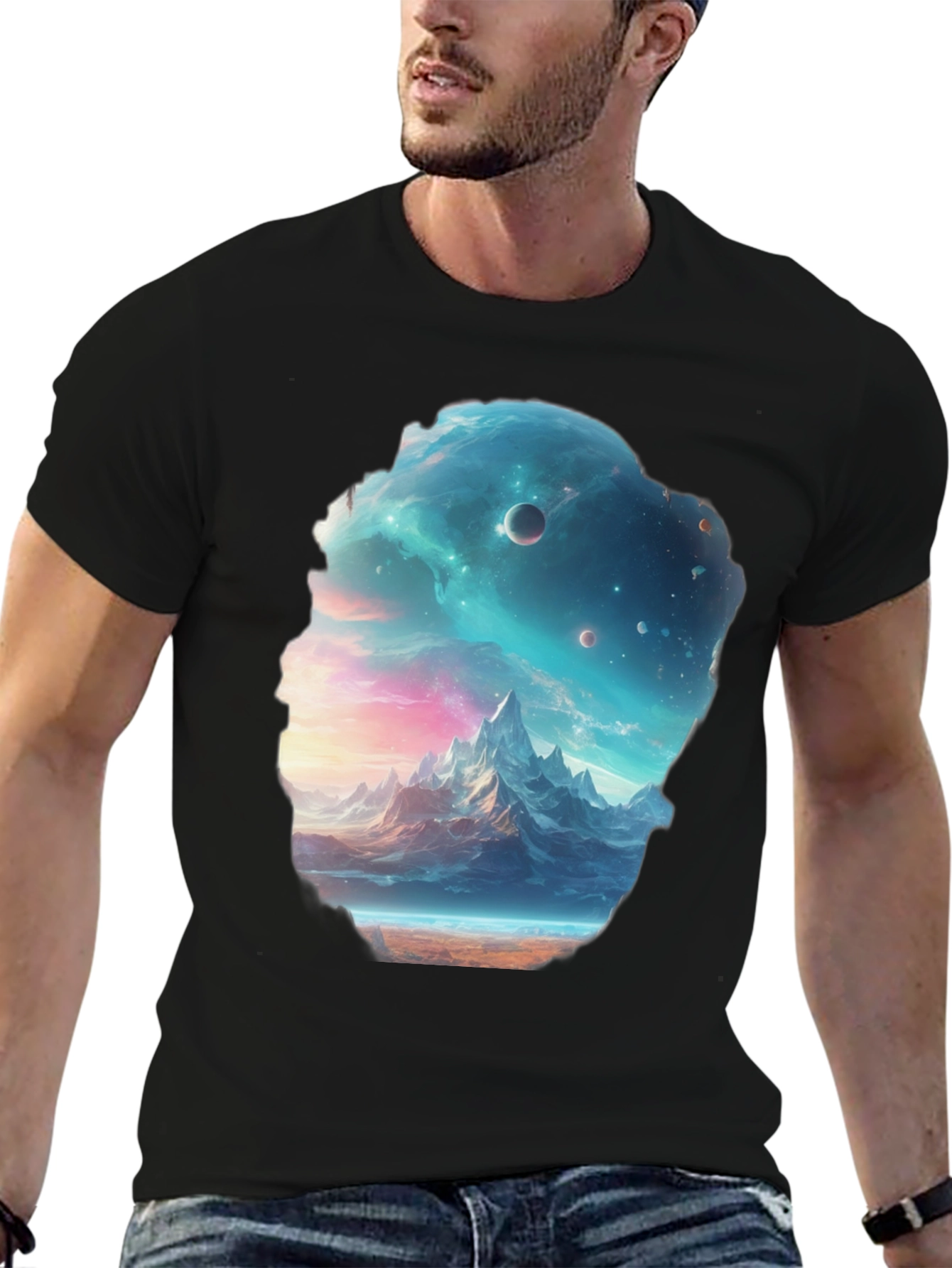 Cosmic Mountain Scene Black Graphic Tee