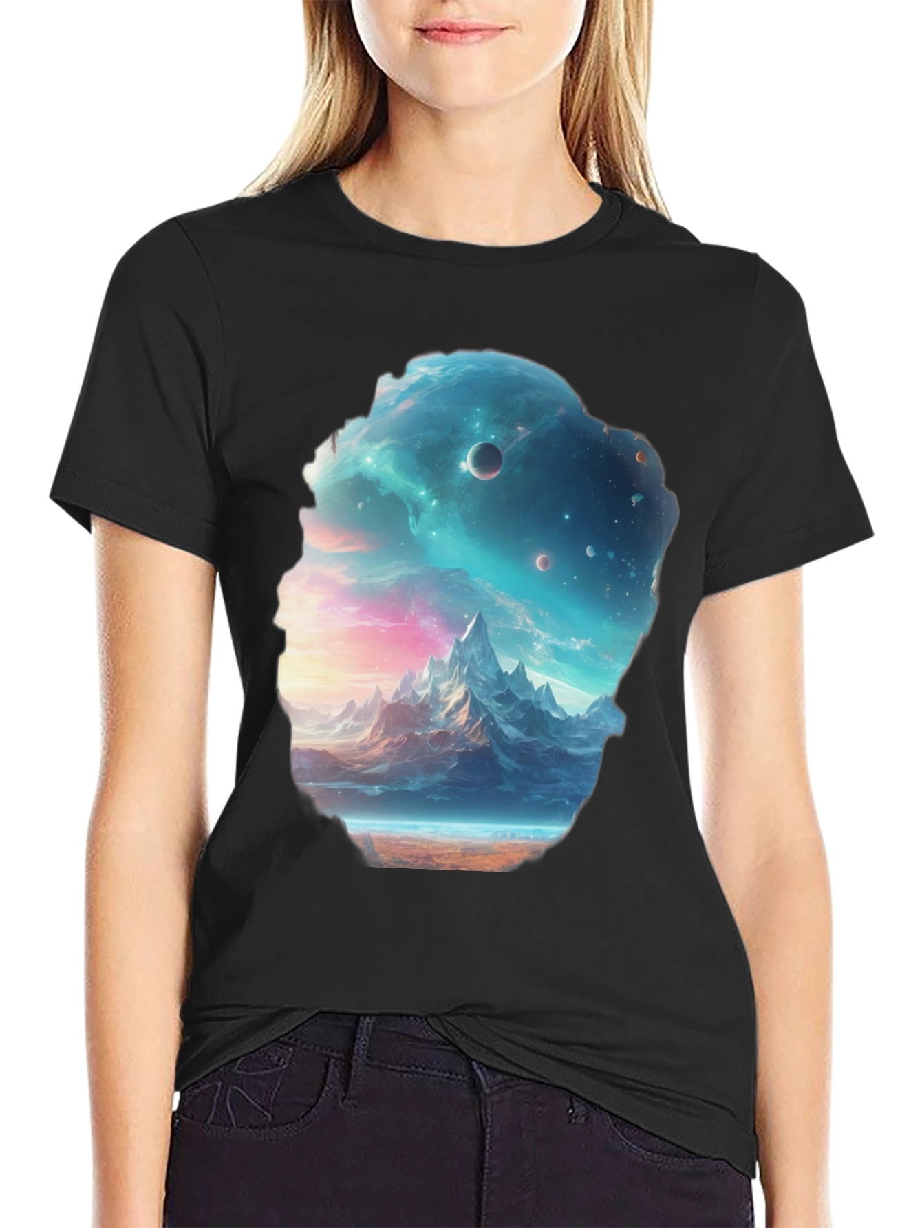 Cosmic Mountain Scene Black Graphic Tee