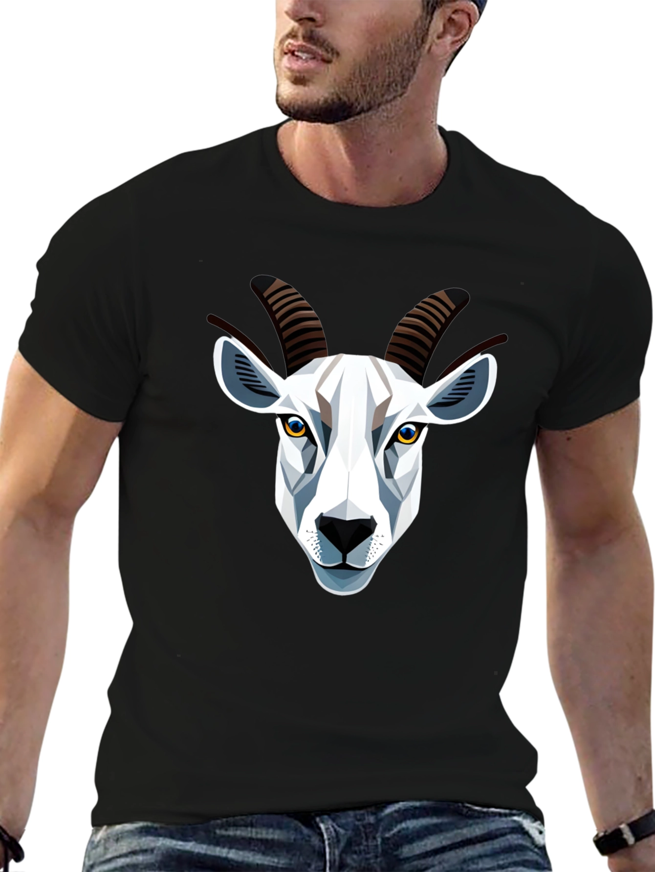 Geometric Goat Head Graphic T-Shirt - Black