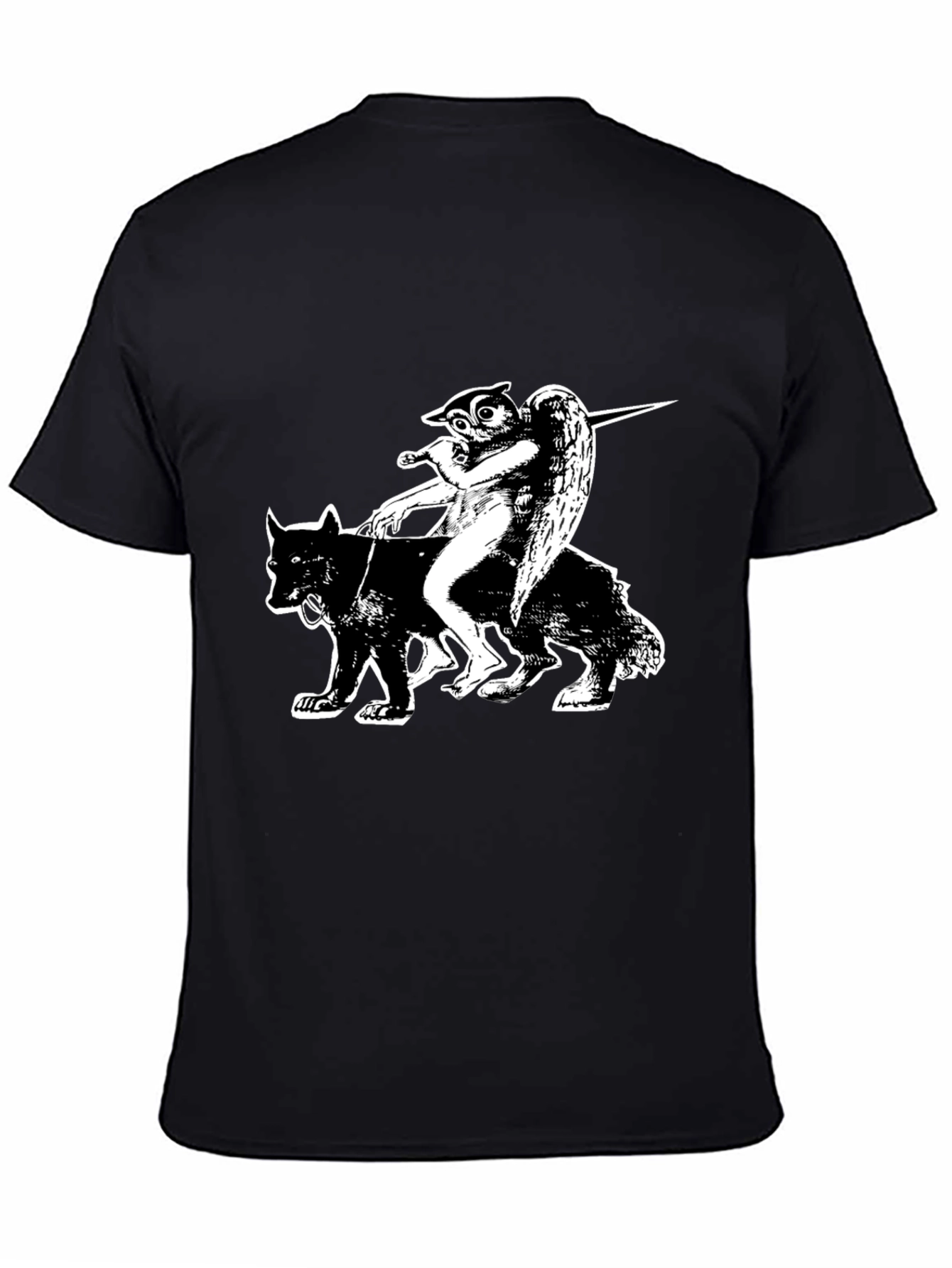 Black Graphic Tee - Owl Angel Riding Wolf
