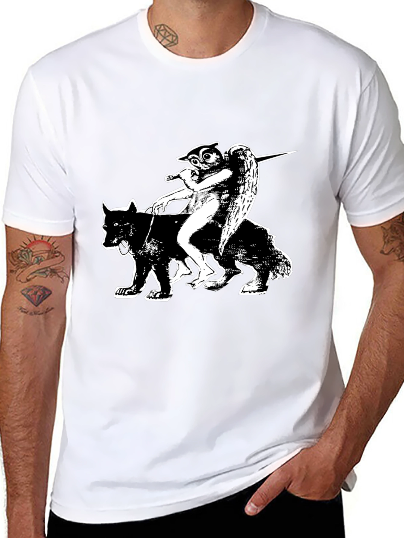 Black Graphic Tee - Owl Angel Riding Wolf
