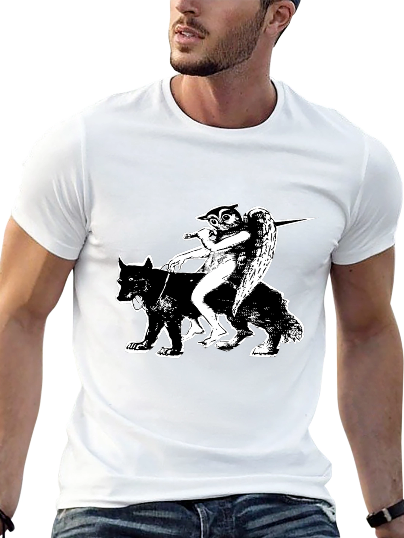 Black Graphic Tee - Owl Angel Riding Wolf