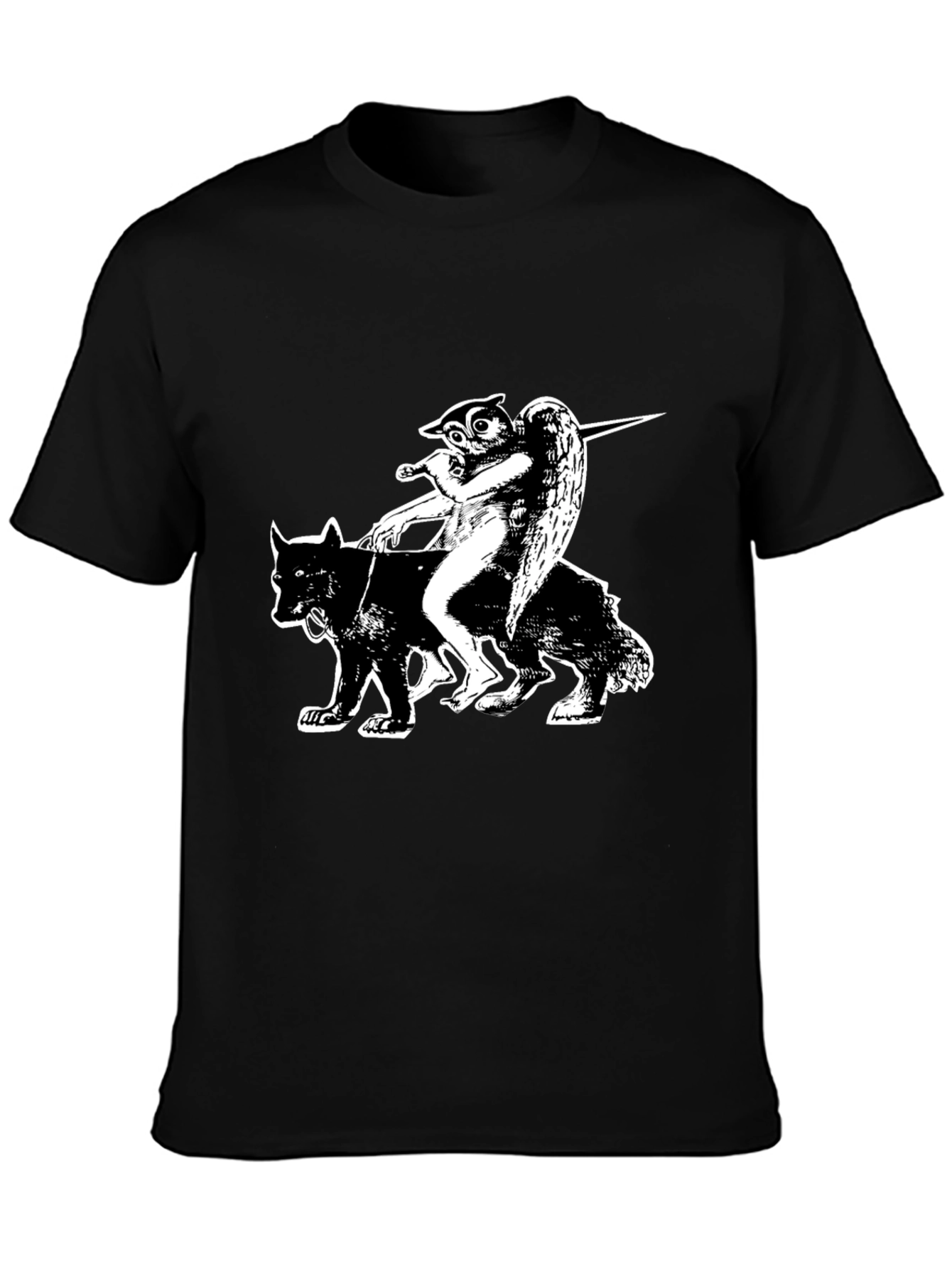 Black Graphic Tee - Owl Angel Riding Wolf