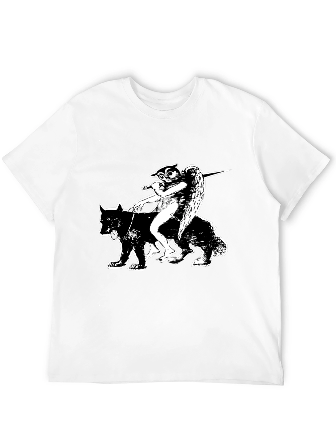 Black Graphic Tee - Owl Angel Riding Wolf