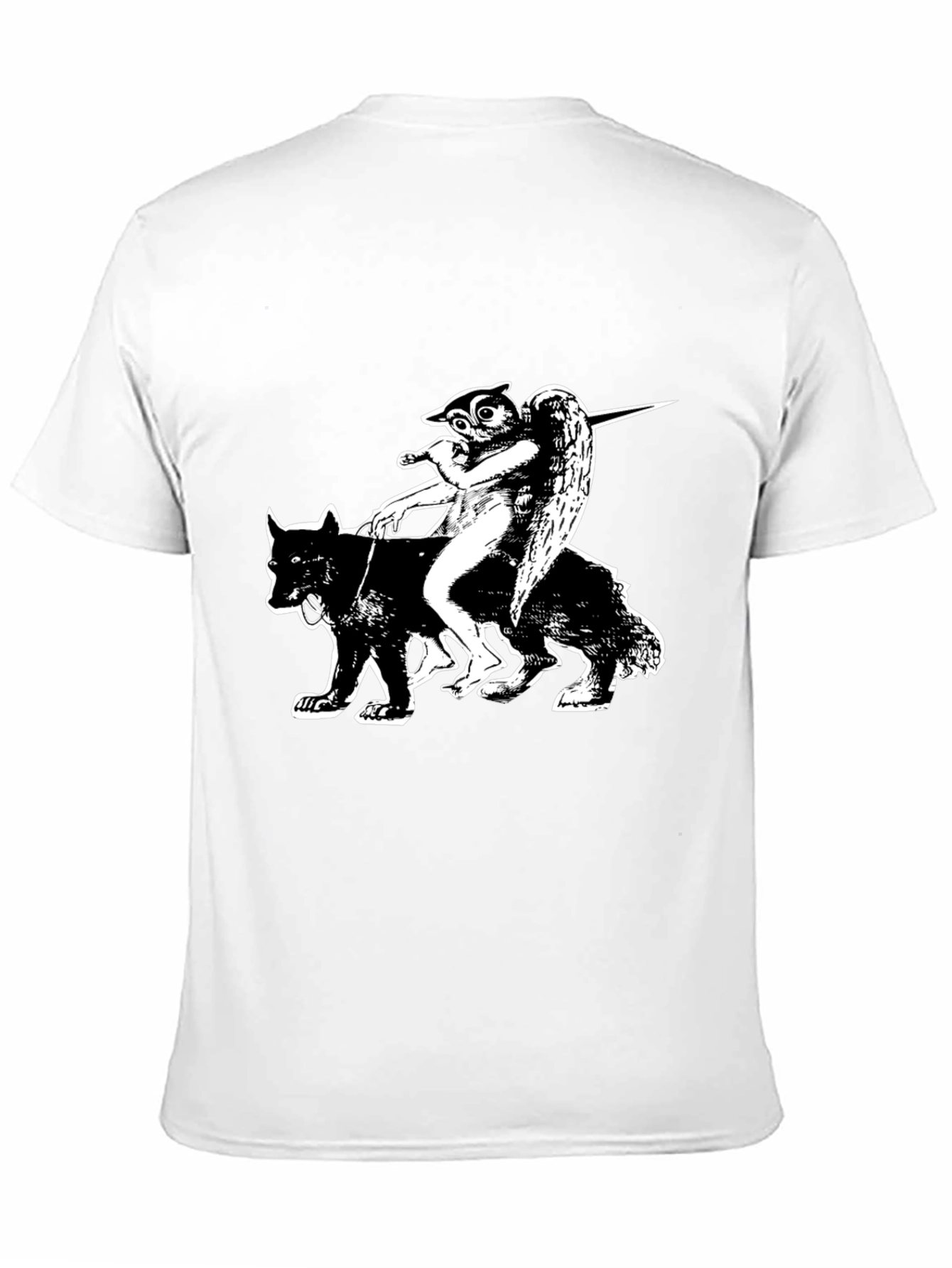 Black Graphic Tee - Owl Angel Riding Wolf