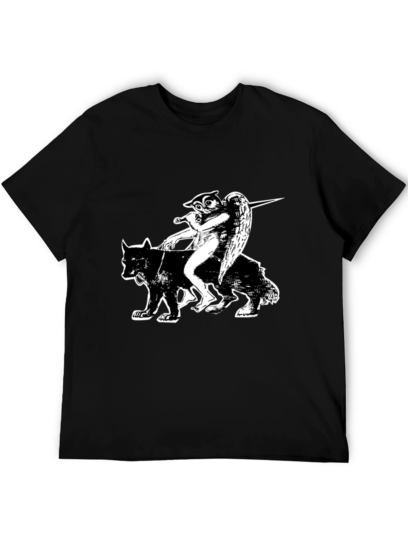Black Graphic Tee - Owl Angel Riding Wolf
