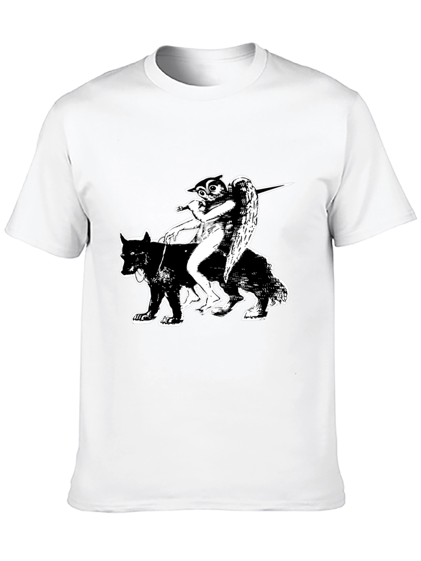 Black Graphic Tee - Owl Angel Riding Wolf