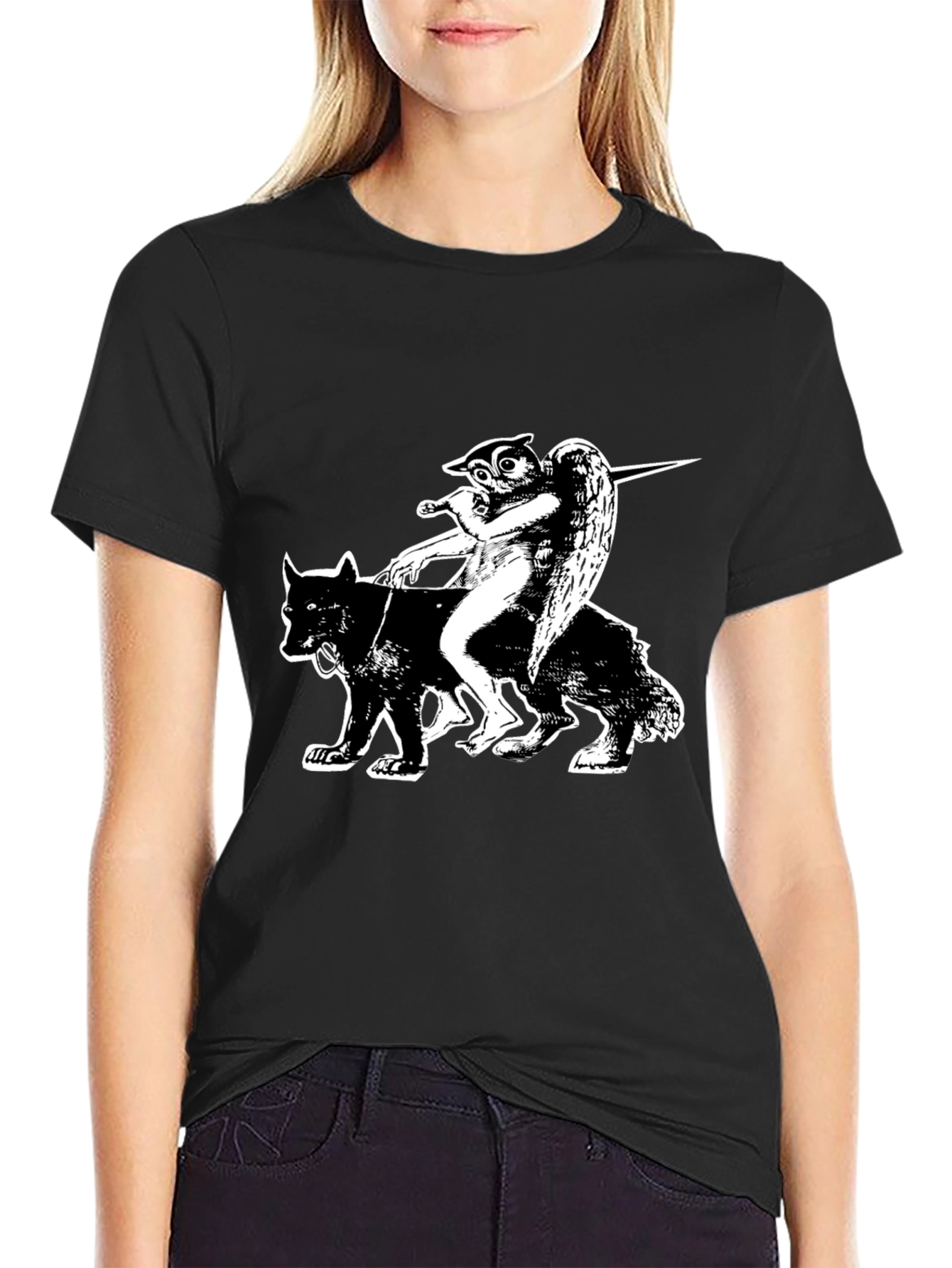 Black Graphic Tee - Owl Angel Riding Wolf
