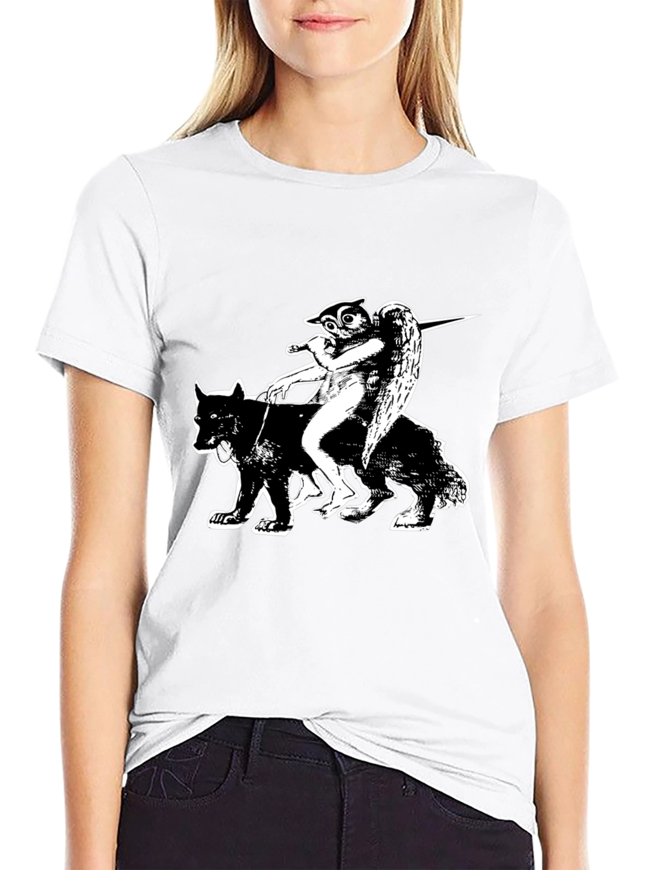 Black Graphic Tee - Owl Angel Riding Wolf