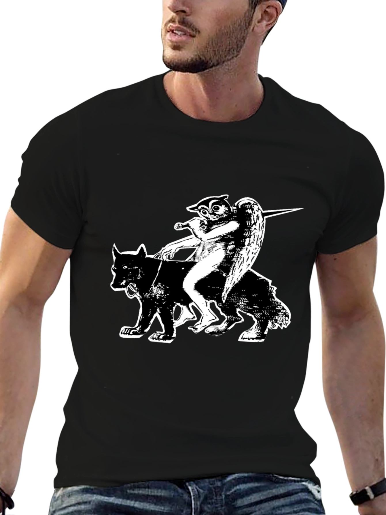 Black Graphic Tee - Owl Angel Riding Wolf