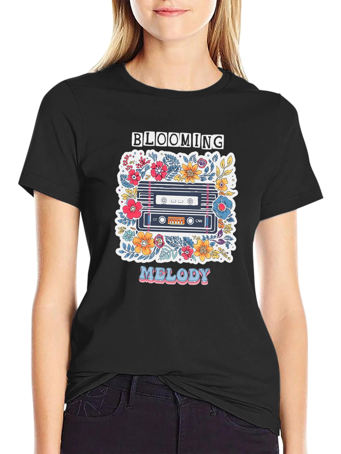 Blooming Melody Graphic Tee - Retro Cassette Tape Shirt
